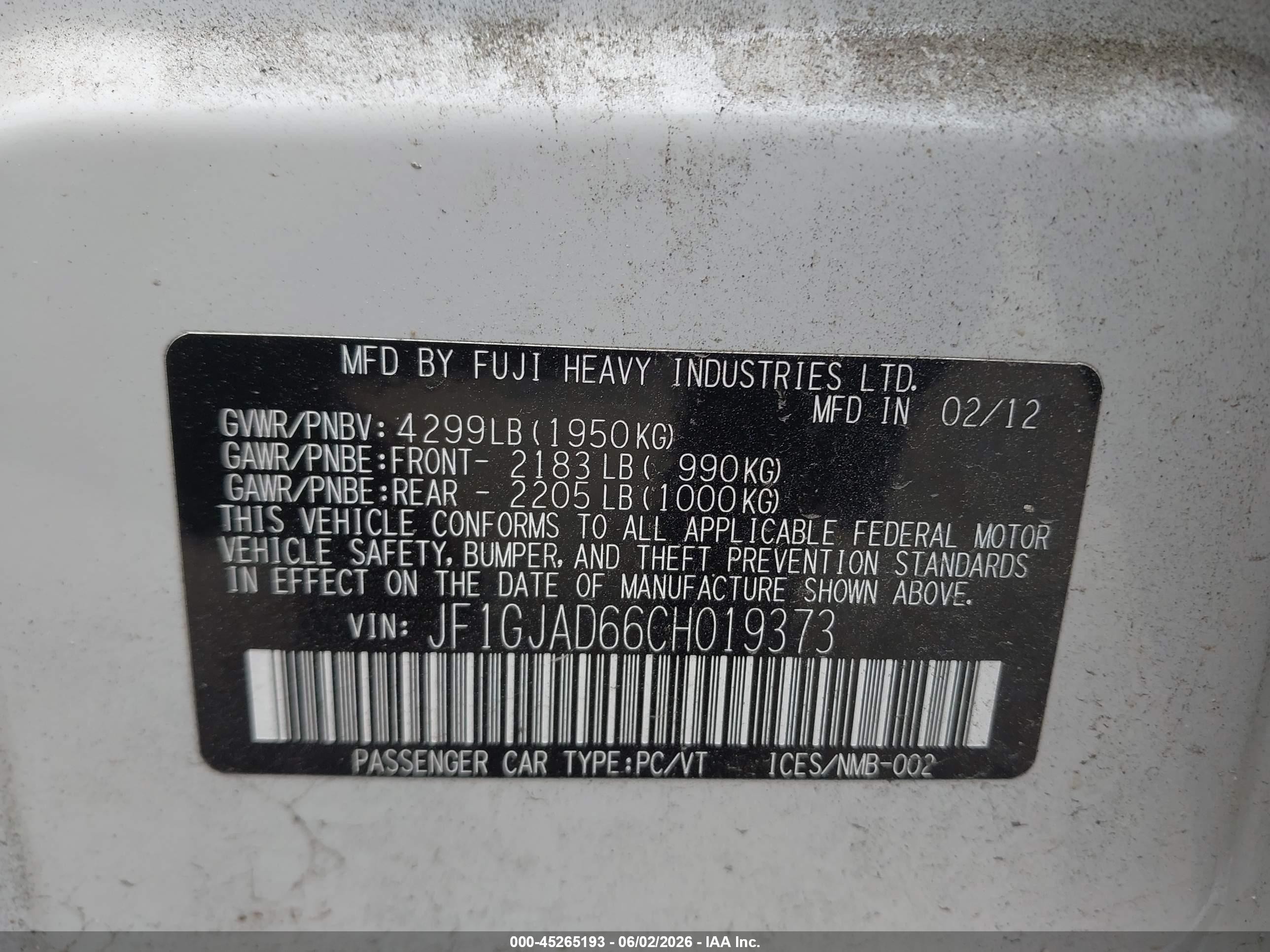 2012 Subaru Impreza 2.0i Premium White vin: JF1GJAD66CH019373
