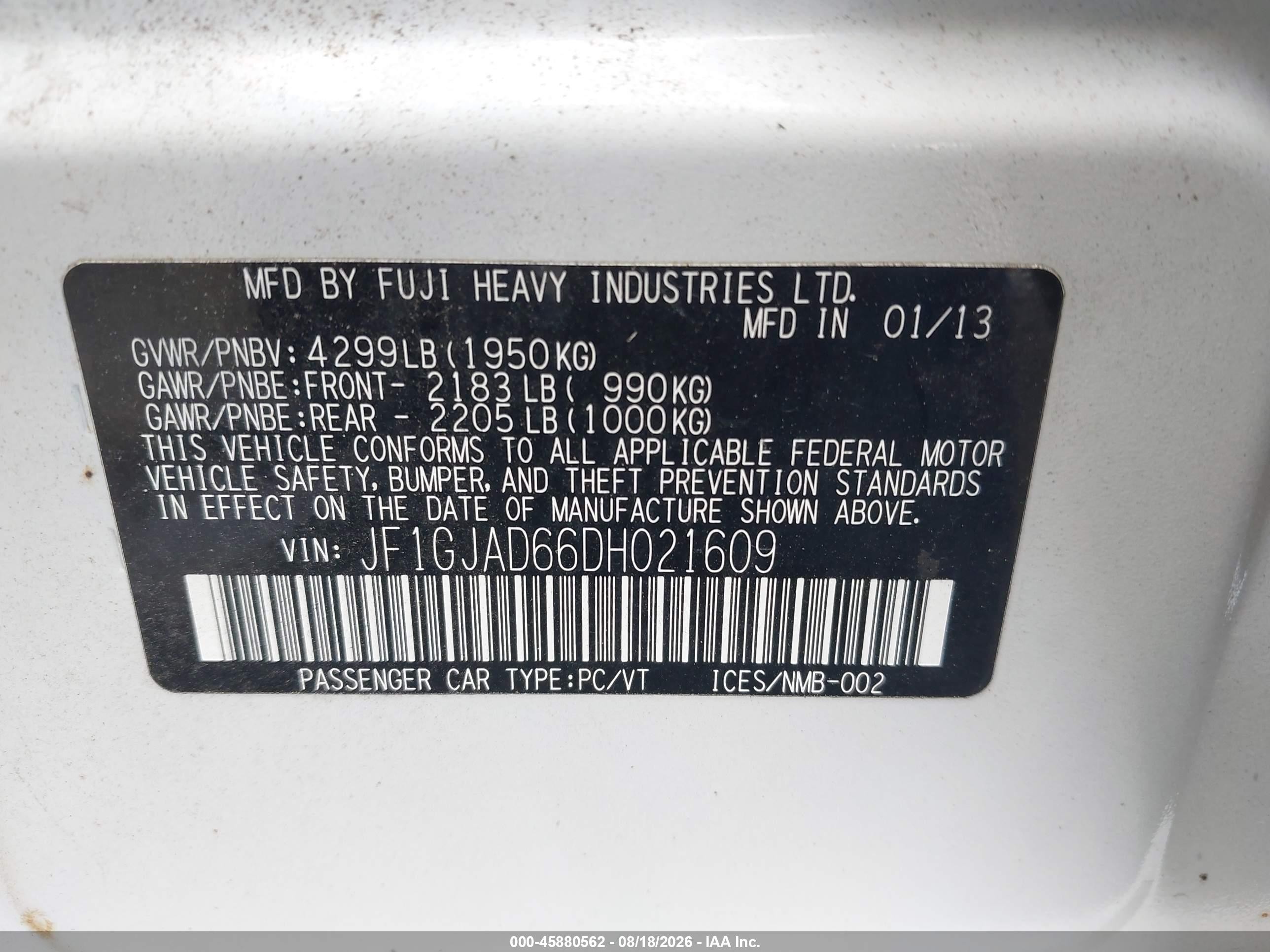 2013 Subaru Impreza 2.0i Premium White vin: JF1GJAD66DH021609
