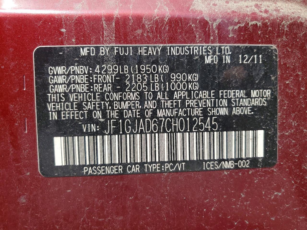 2012 Subaru Impreza Premium Maroon vin: JF1GJAD67CH012545