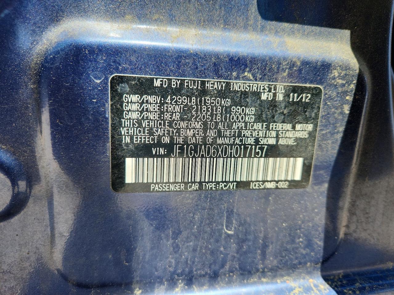 2013 Subaru Impreza Premium Blue vin: JF1GJAD6XDH017157