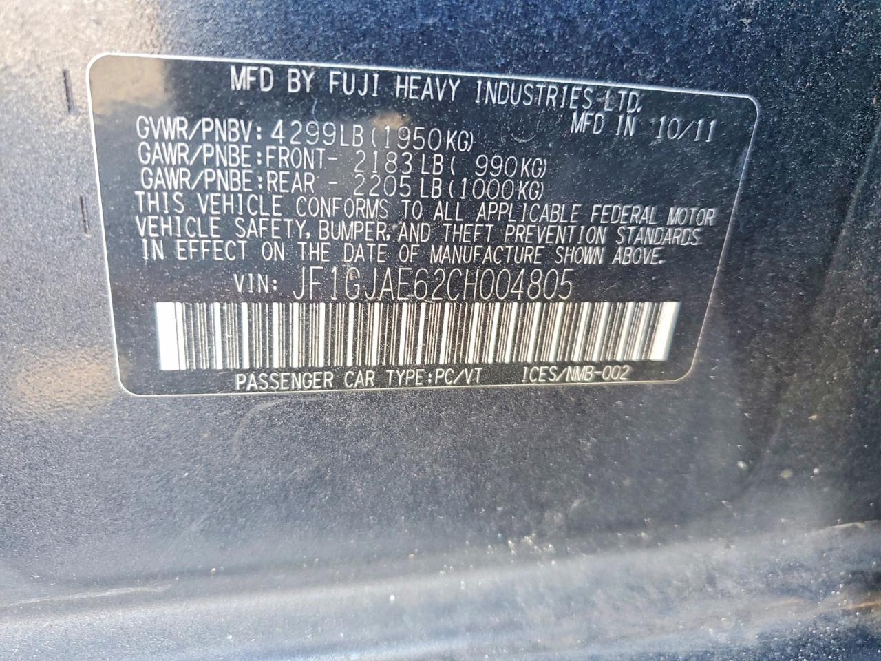 2012 Subaru Impreza Premium Black vin: JF1GJAE62CH004805
