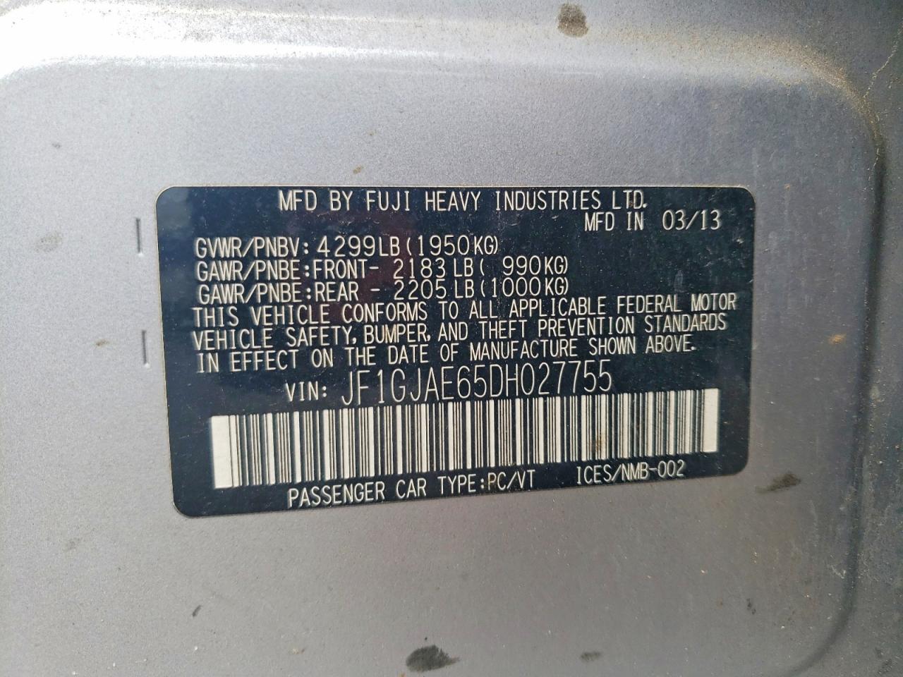 2013 Subaru Impreza Premium Silver vin: JF1GJAE65DH027755