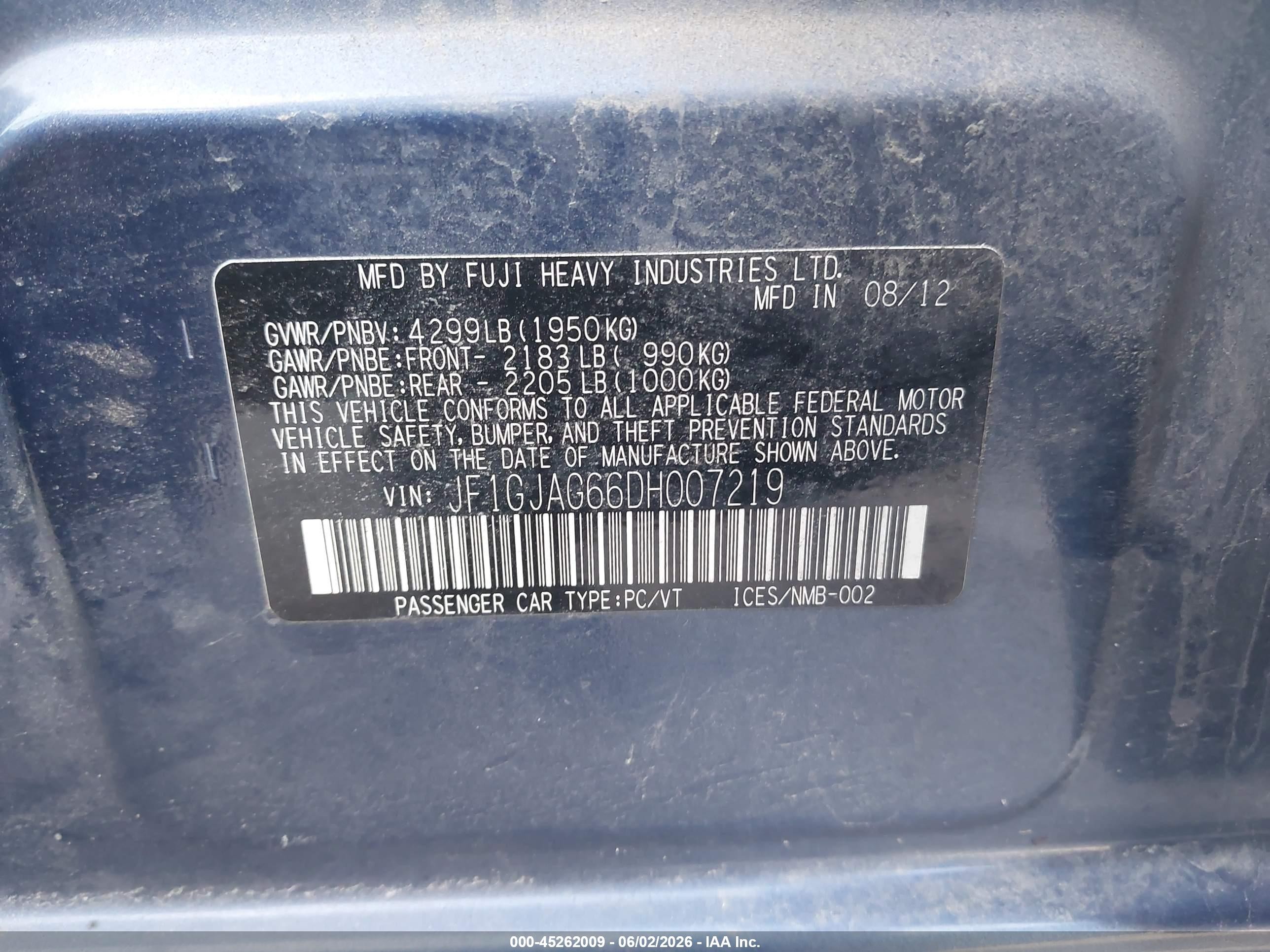 2013 Subaru Impreza 2.0i Limited Blue vin: JF1GJAG66DH007219