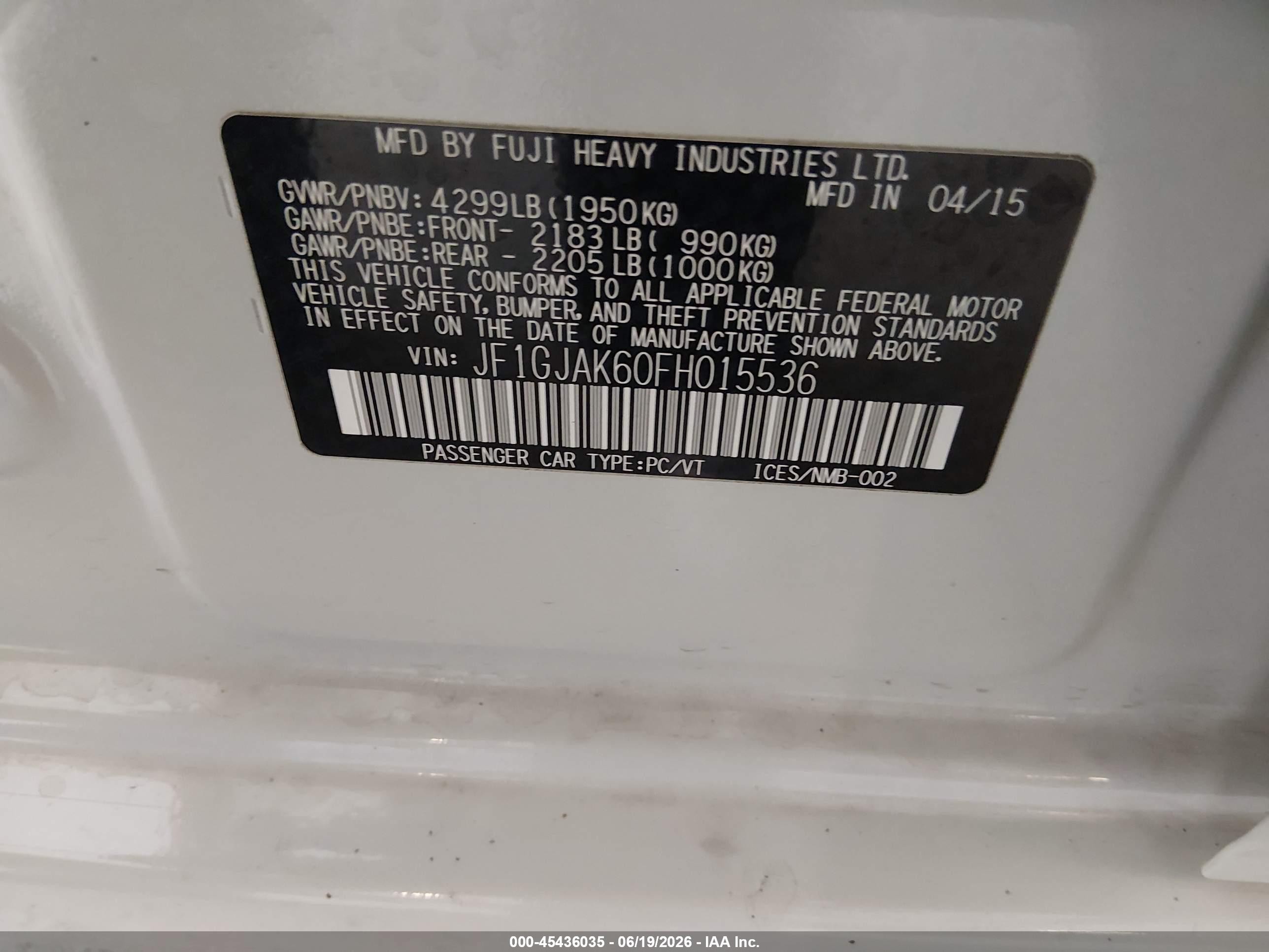 2015 Subaru Impreza 2.0i Premium White vin: JF1GJAK60FH015536