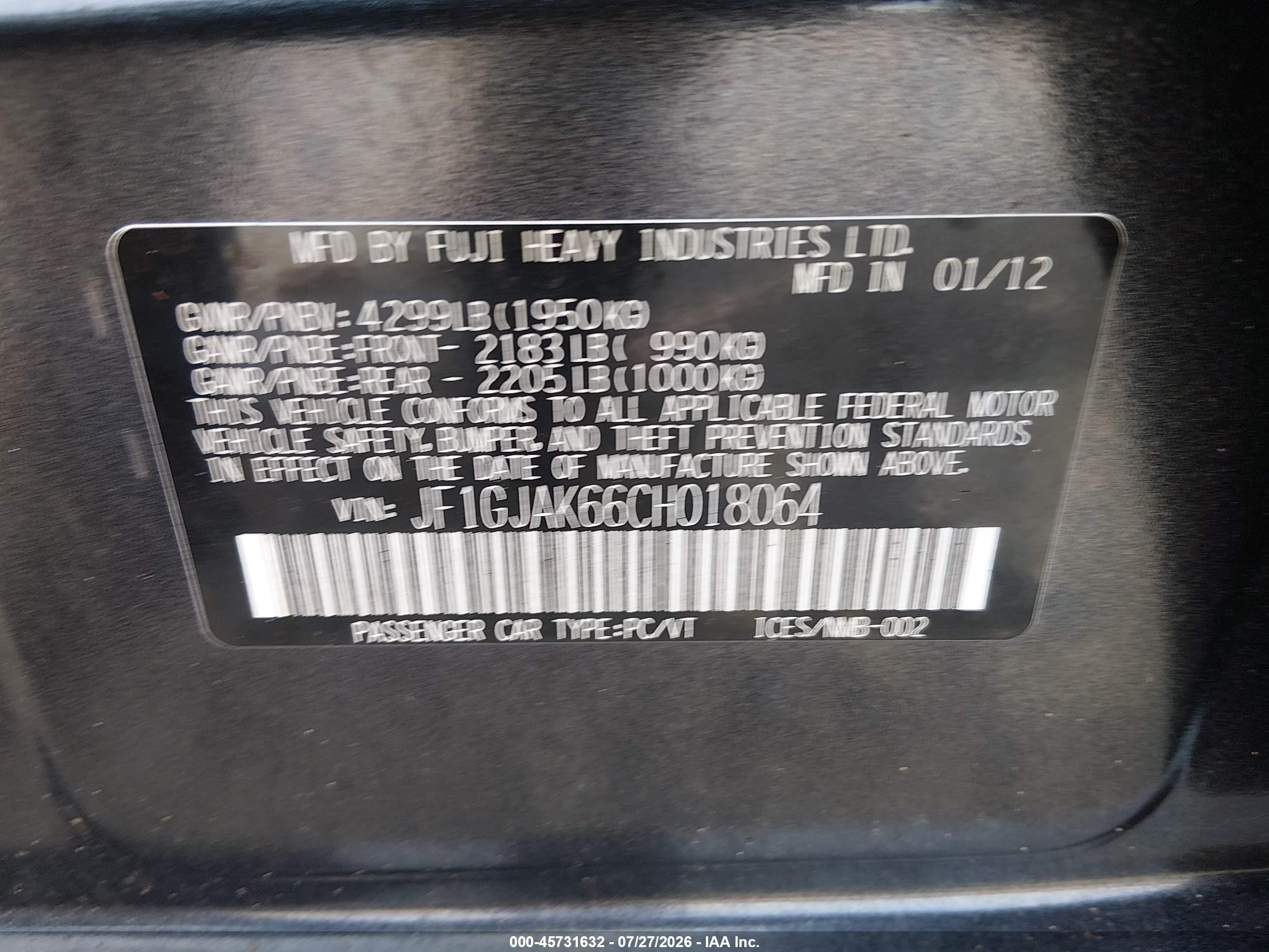 2012 Subaru Impreza Limited Черный vin: JF1GJAK66CH018064