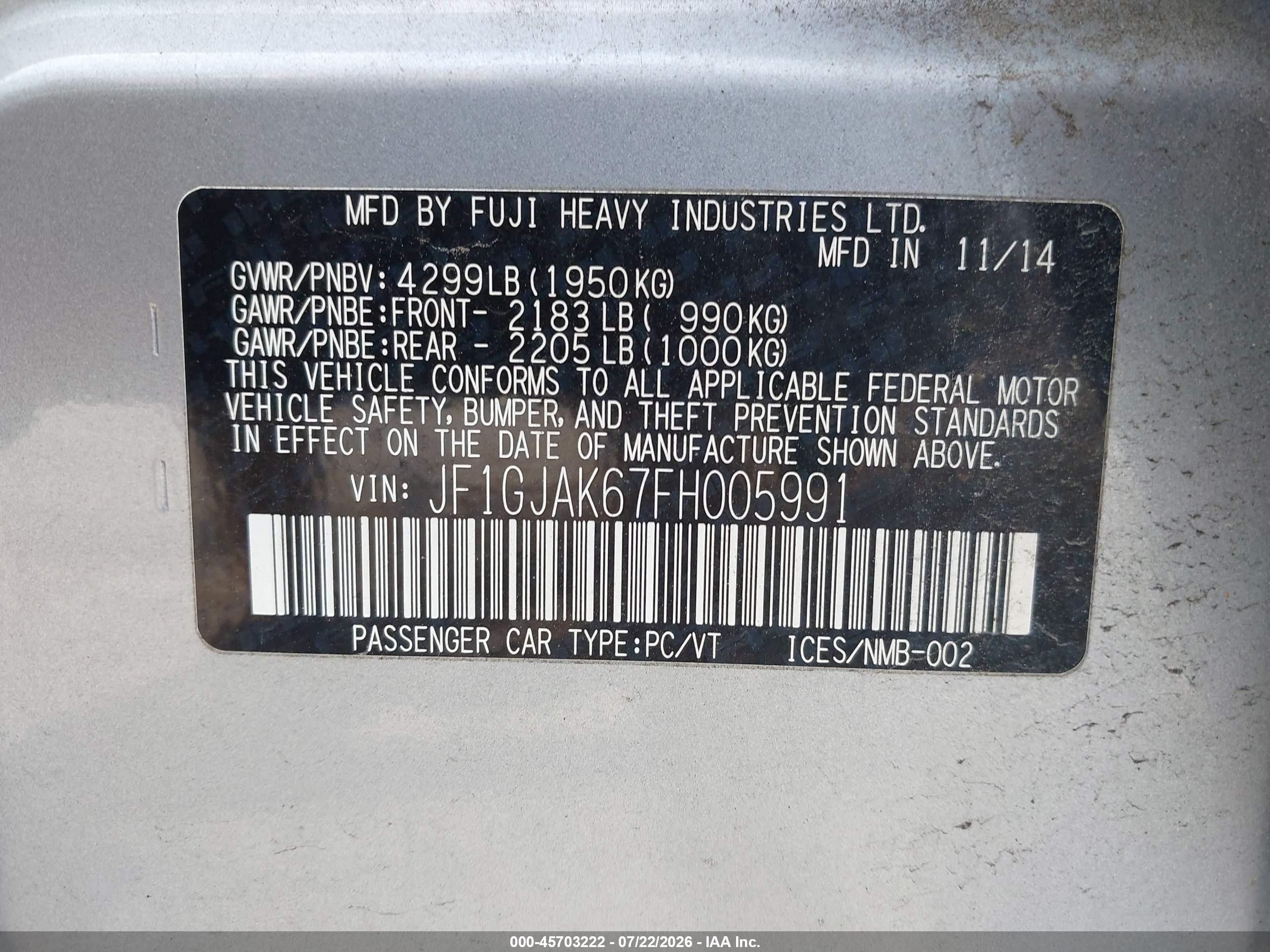 2015 Subaru Impreza 2.0i Premium Серебряный vin: JF1GJAK67FH005991
