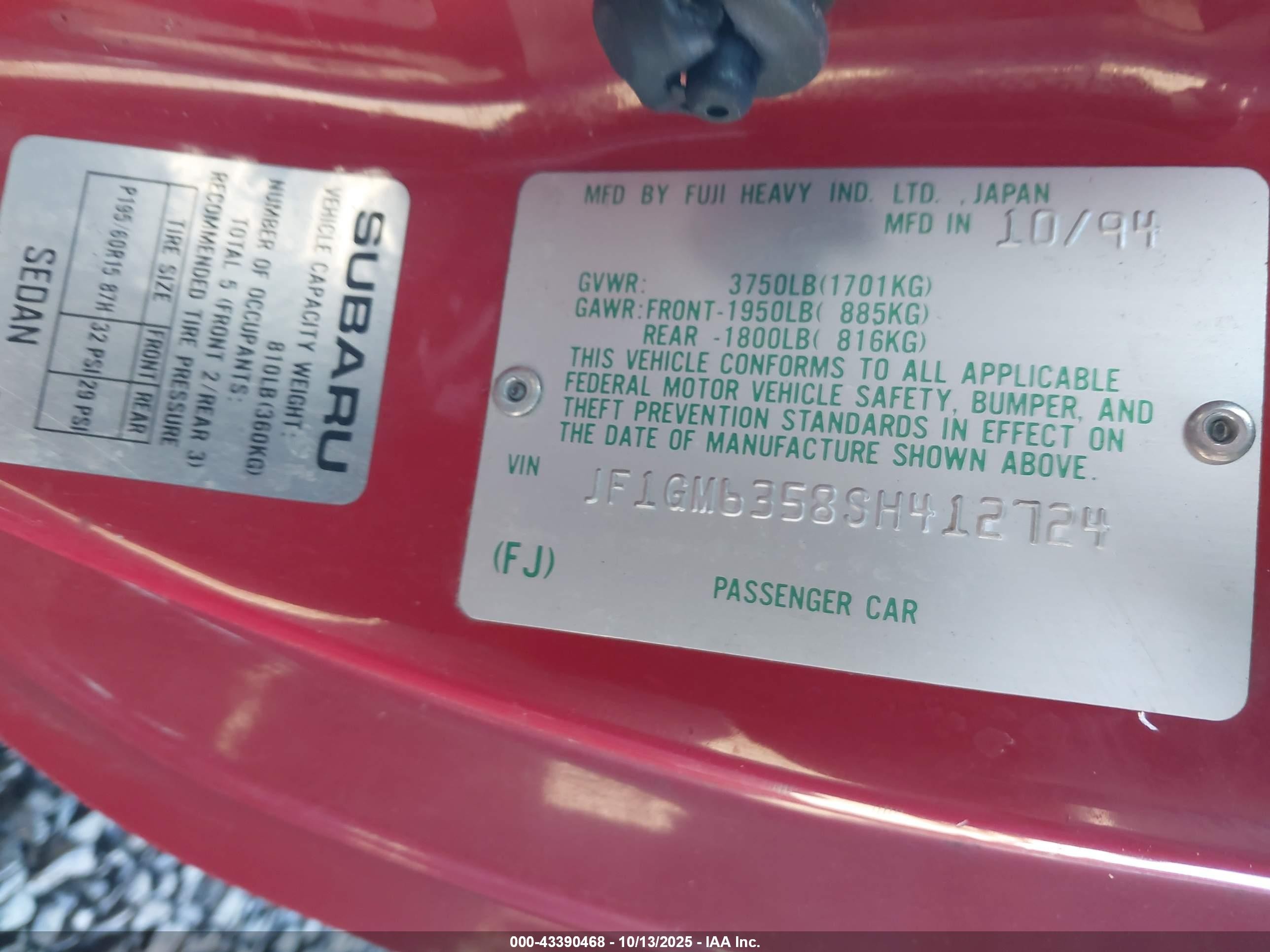 1995 Subaru Impreza L Red vin: JF1GM6358SH412724