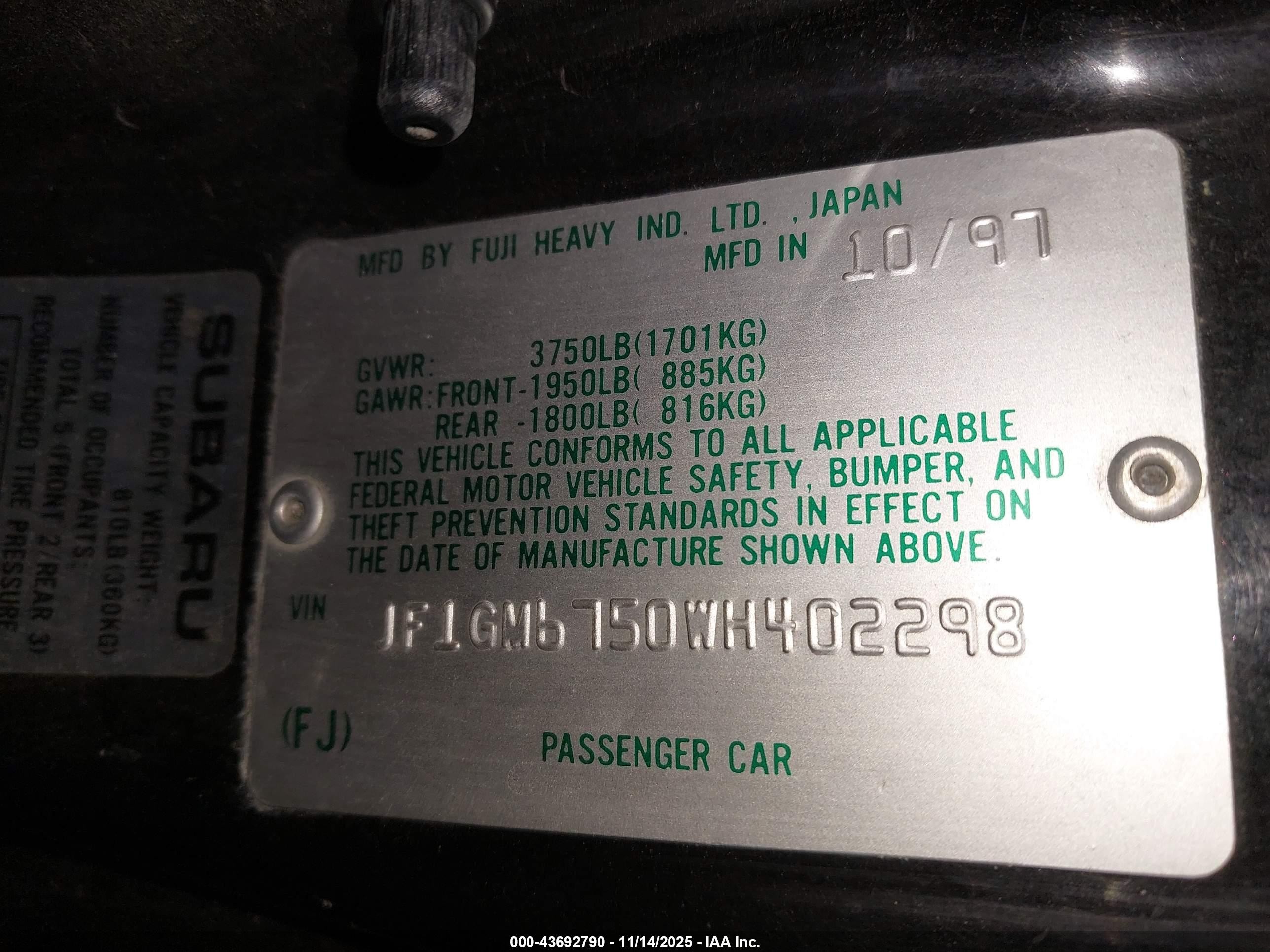1998 Subaru Impreza 2.5rs Black vin: JF1GM6750WH402298