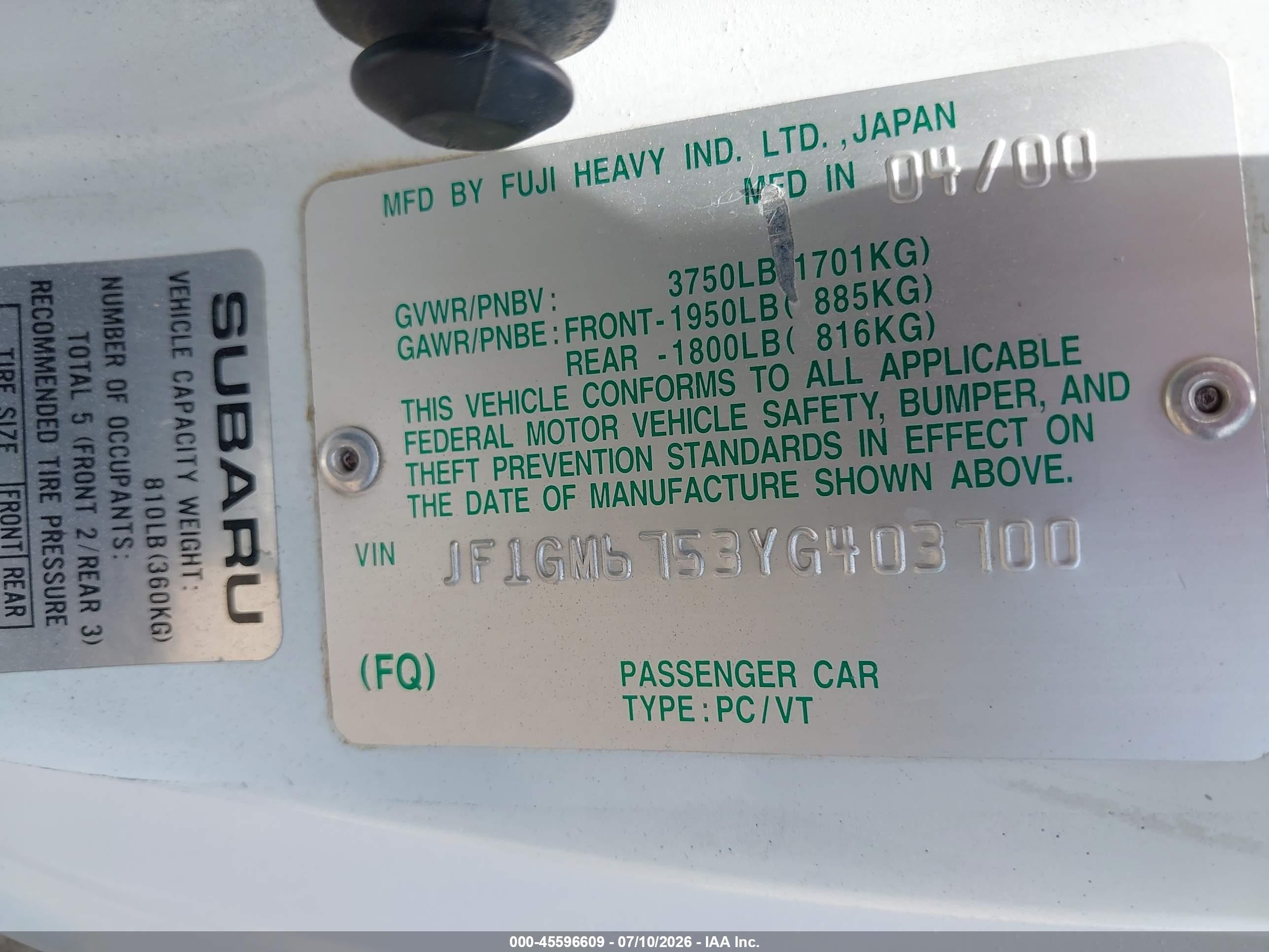 2000 Subaru Impreza 2.5rs Белый vin: JF1GM6753YG403700