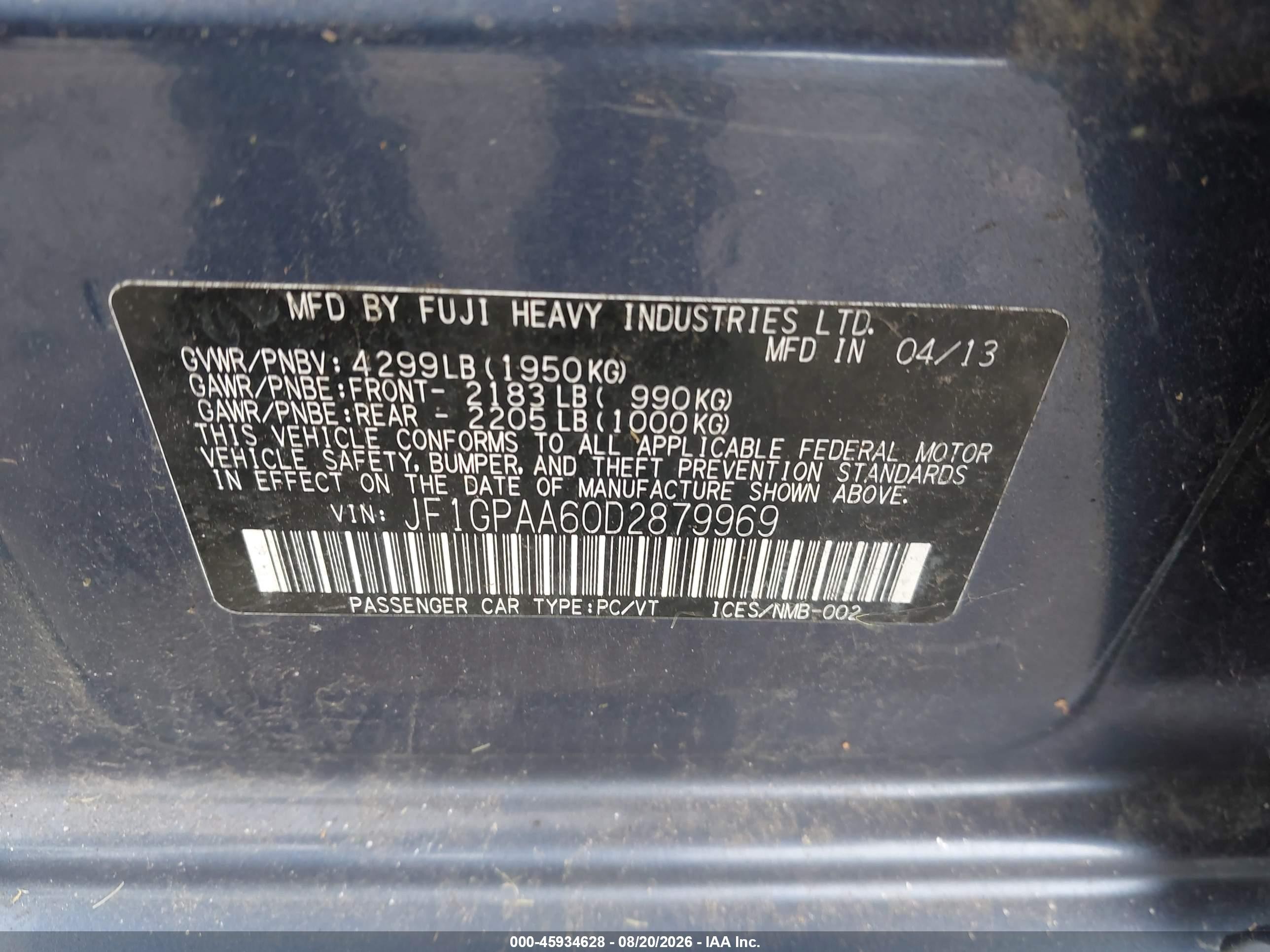 2013 Subaru Impreza 2.0i Dark Blue vin: JF1GPAA60D2879969
