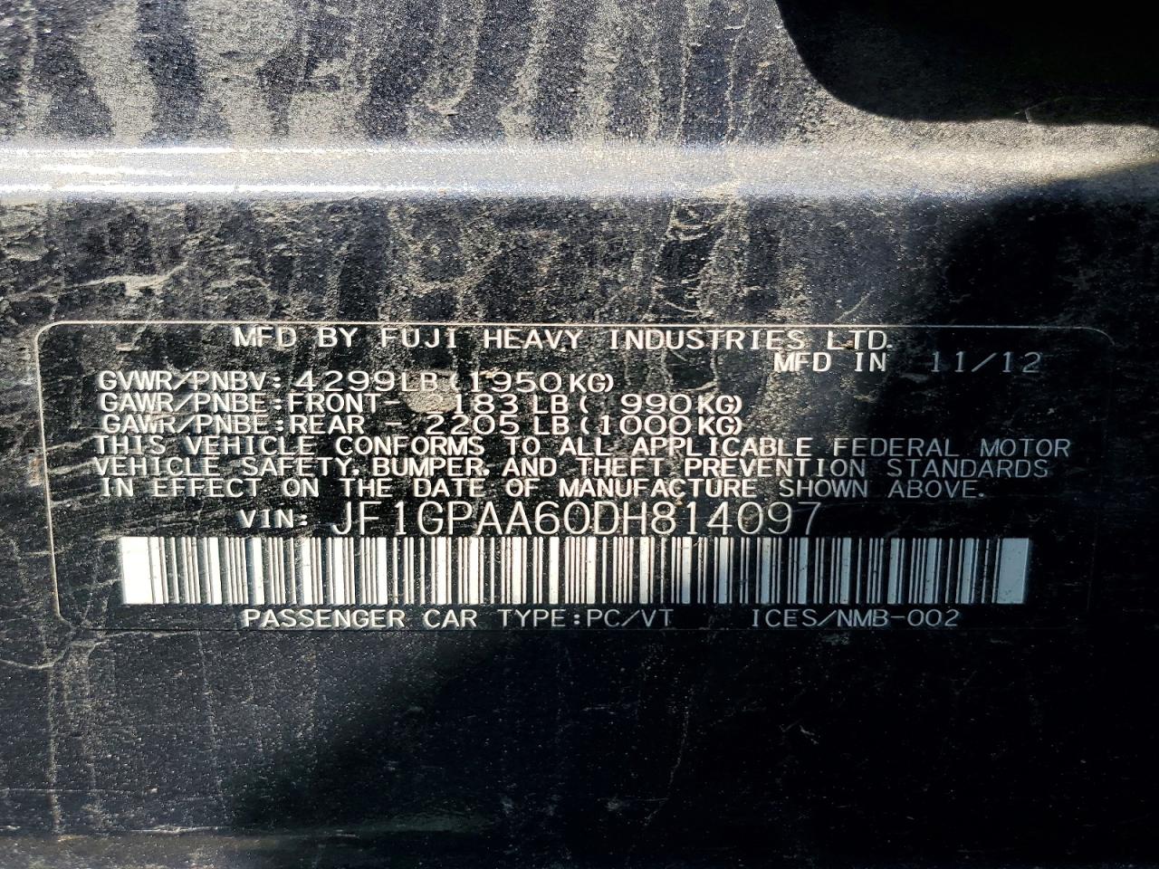 2013 Subaru Impreza Charcoal vin: JF1GPAA60DH814097