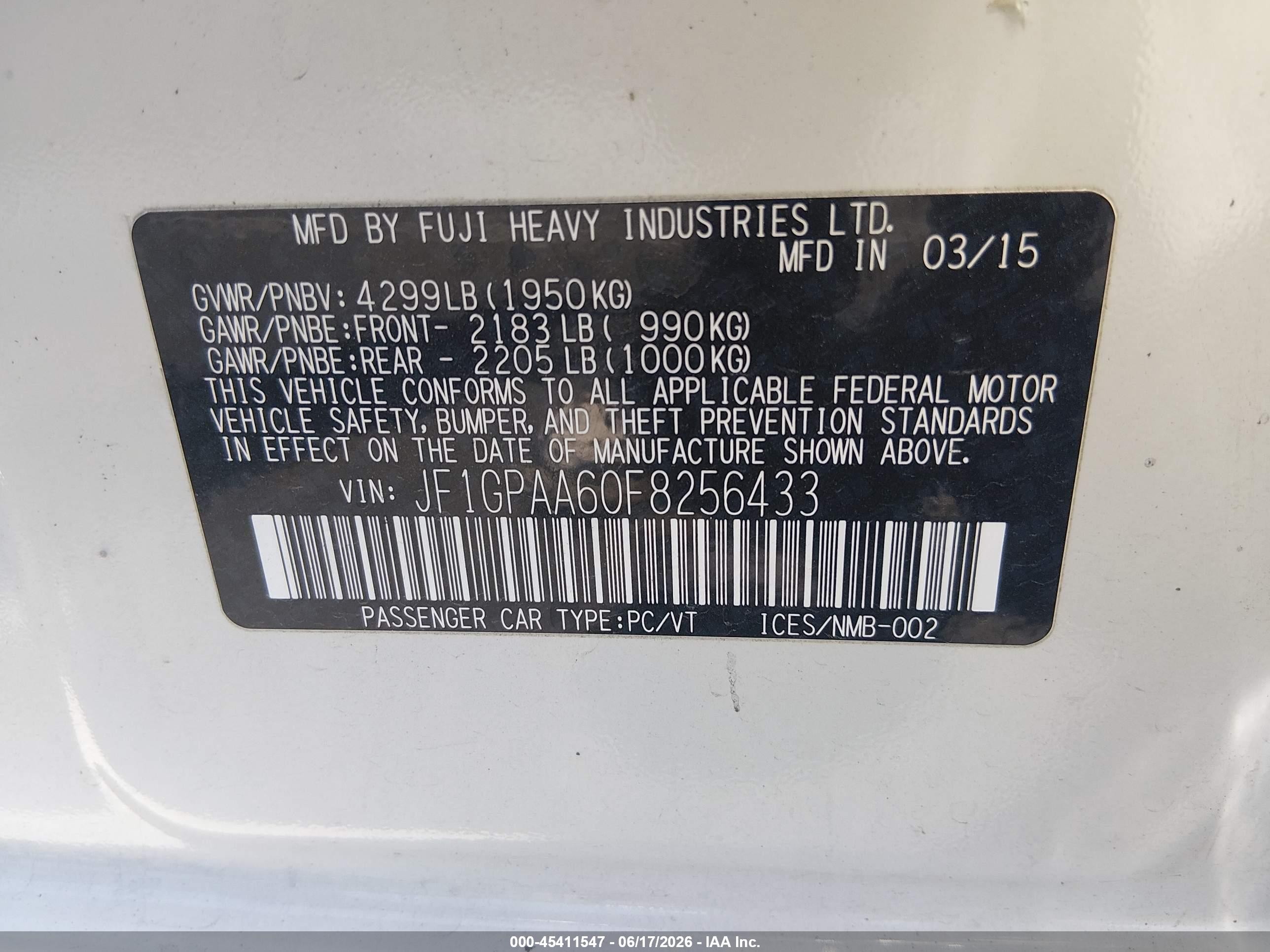 2015 Subaru Impreza 2.0i White vin: JF1GPAA60F8256433