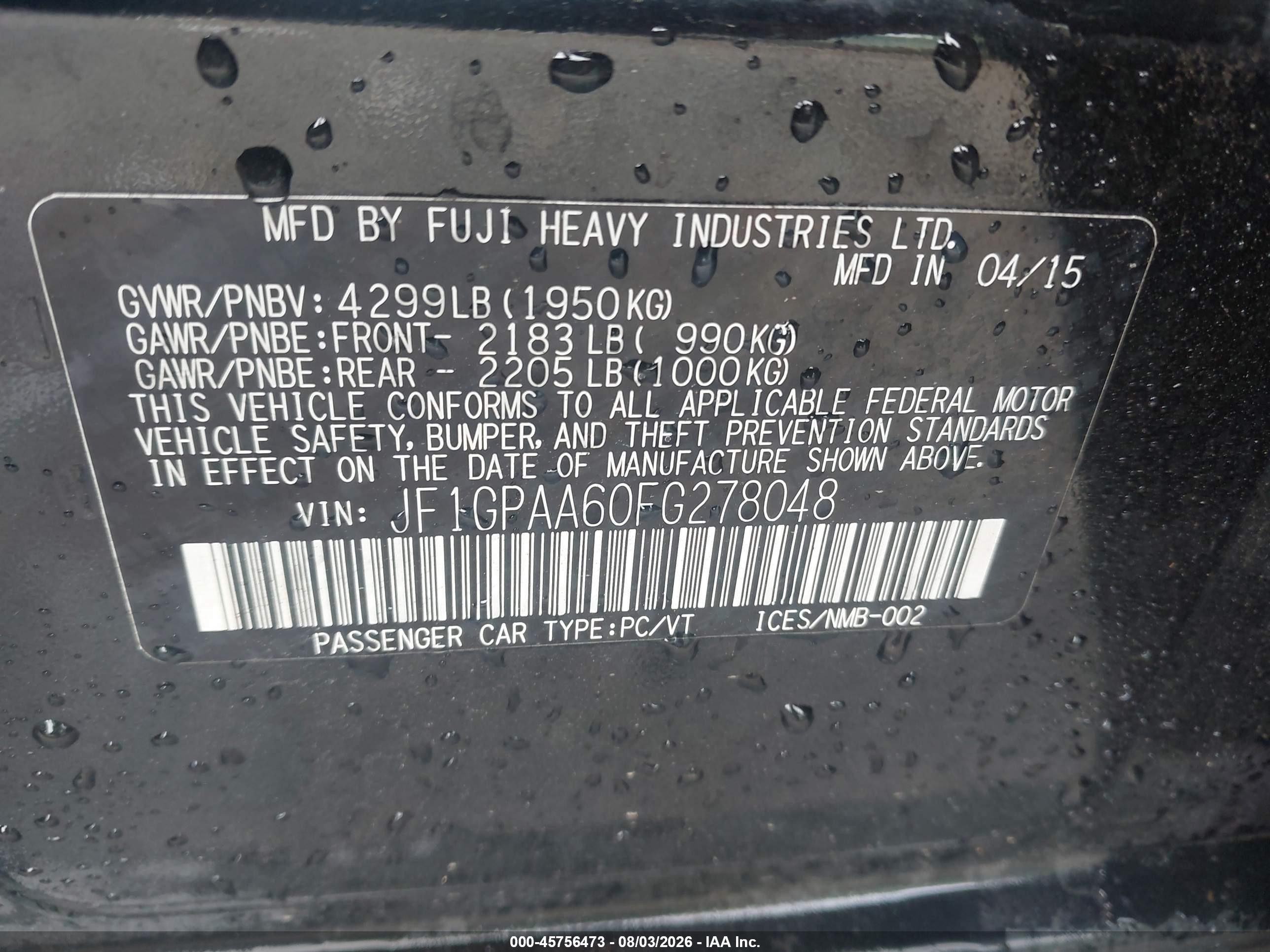 2015 Subaru Impreza 2.0i Black vin: JF1GPAA60FG278048