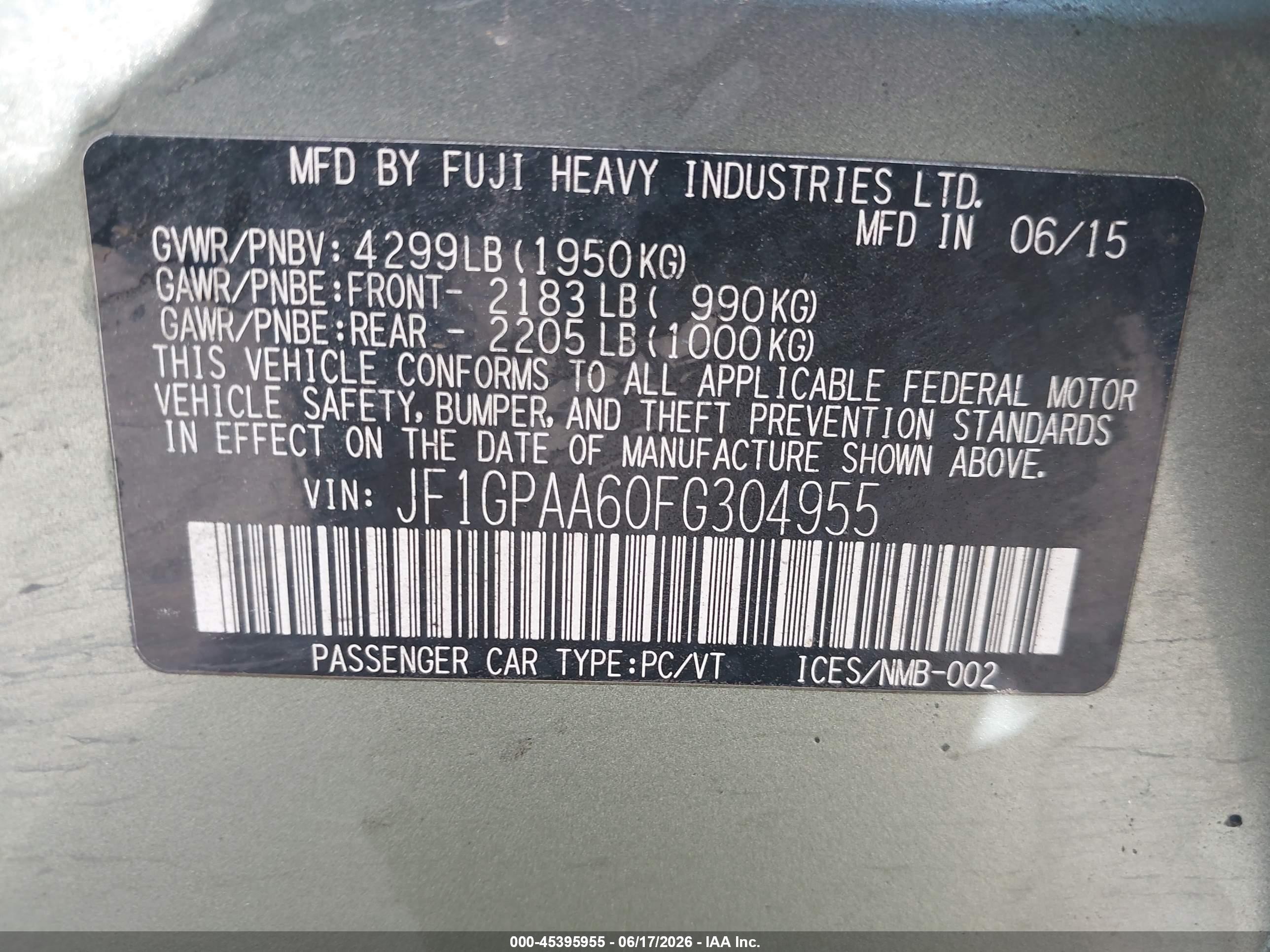 2015 Subaru Impreza 2.0i Серый vin: JF1GPAA60FG304955