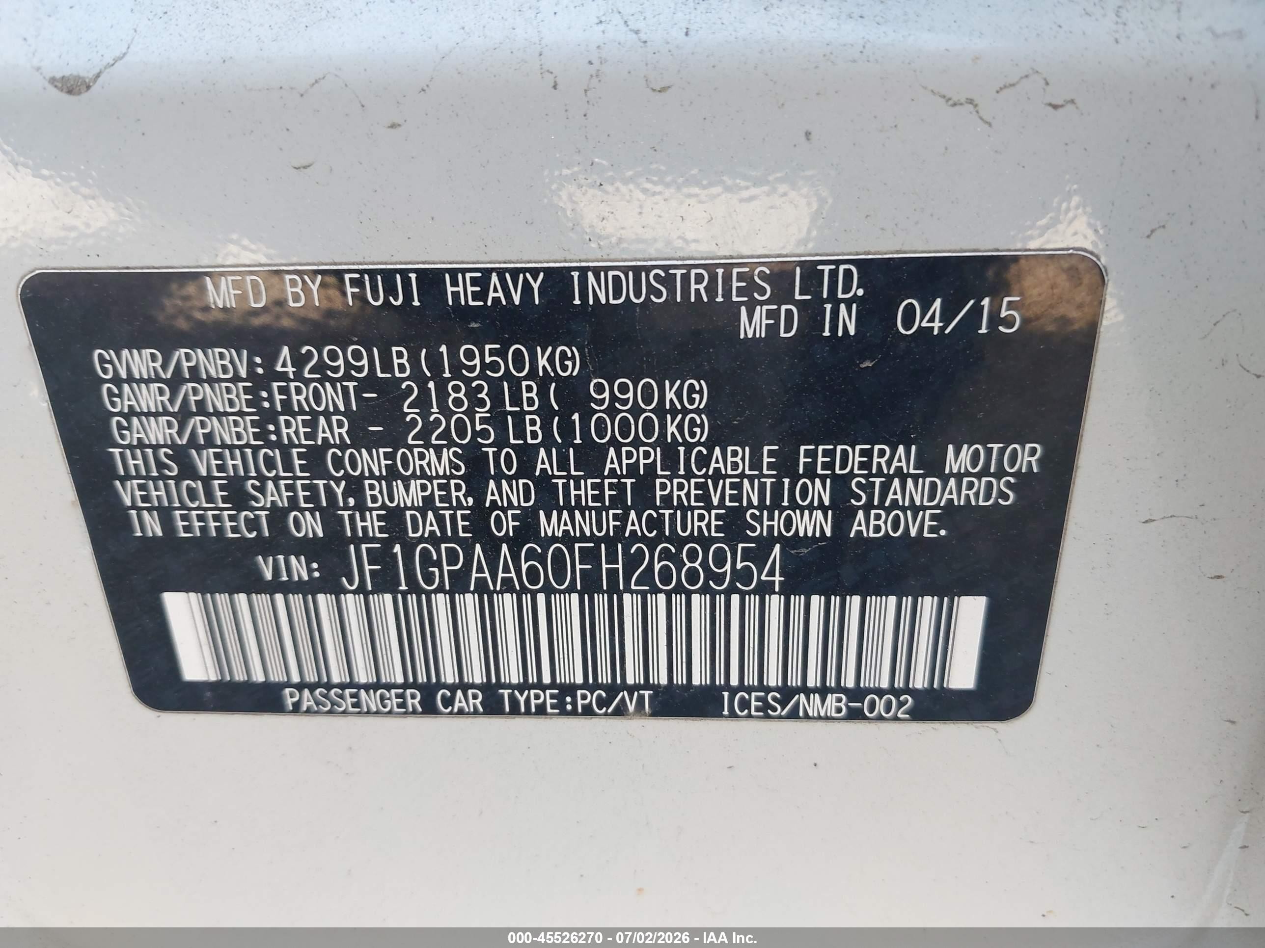 2015 Subaru Impreza 2.0i White vin: JF1GPAA60FH268954