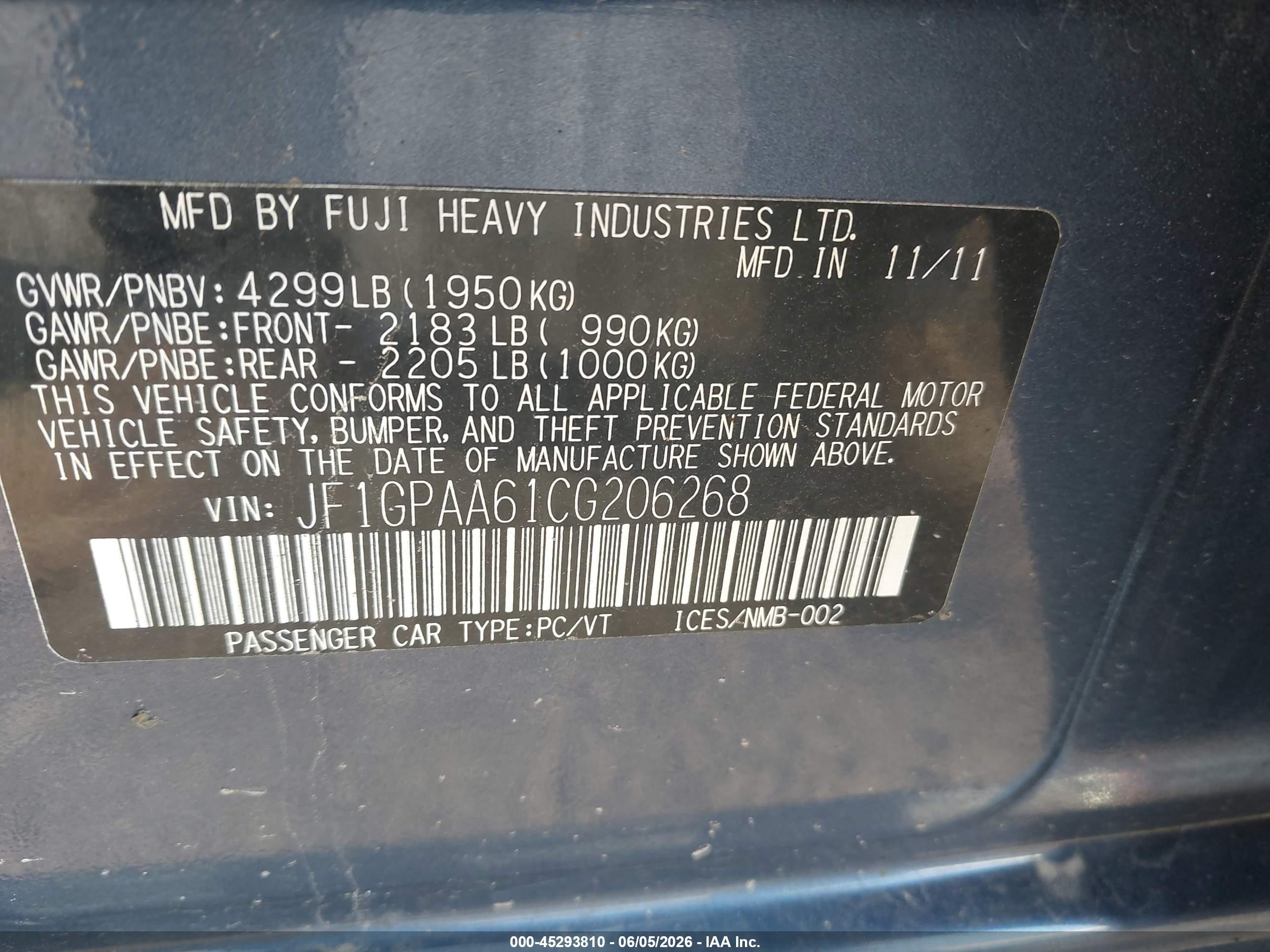 2012 Subaru Impreza 2.0i Blue vin: JF1GPAA61CG206268