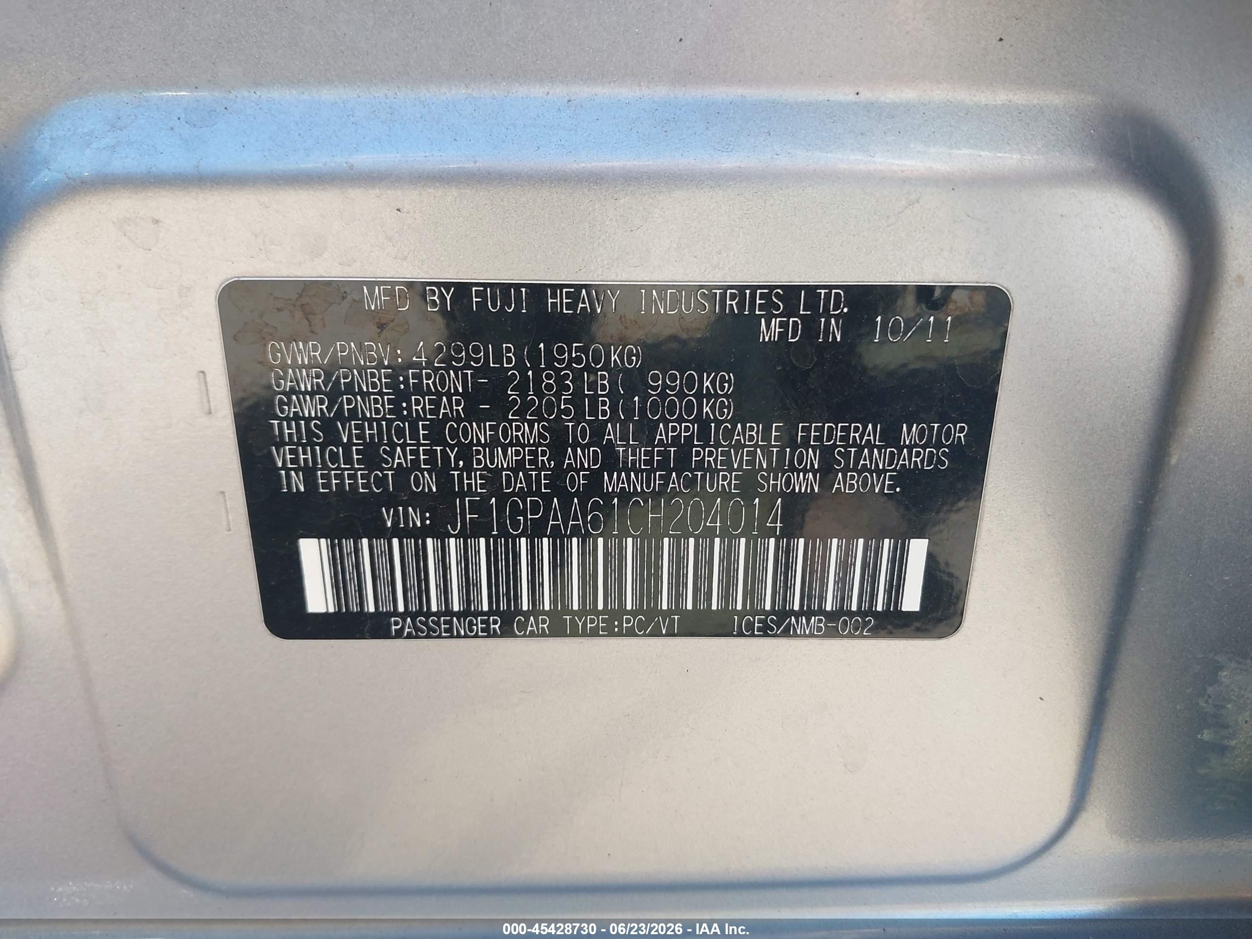2012 Subaru Impreza 2.0i Silver vin: JF1GPAA61CH204014