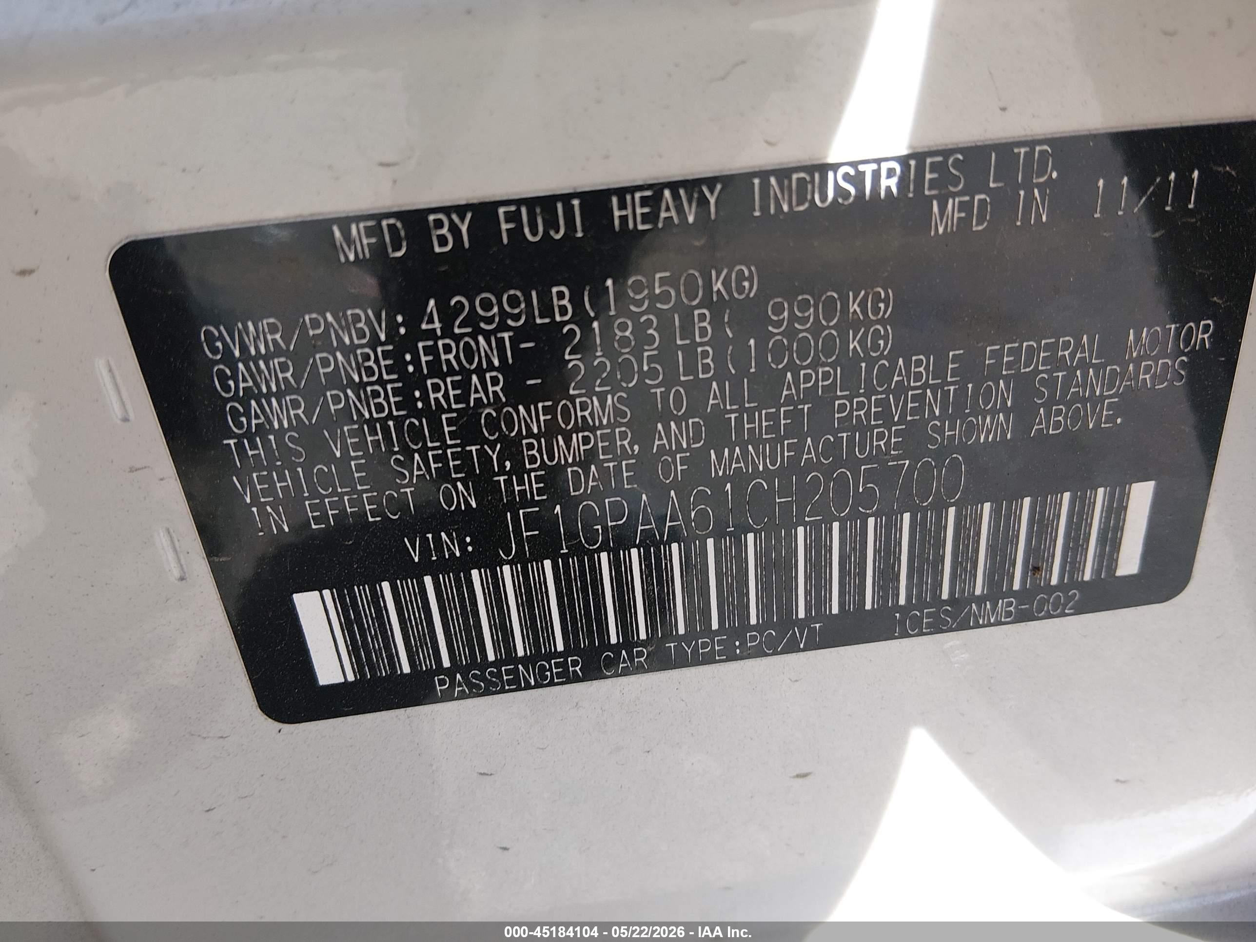 2012 Subaru Impreza 2.0i White vin: JF1GPAA61CH205700