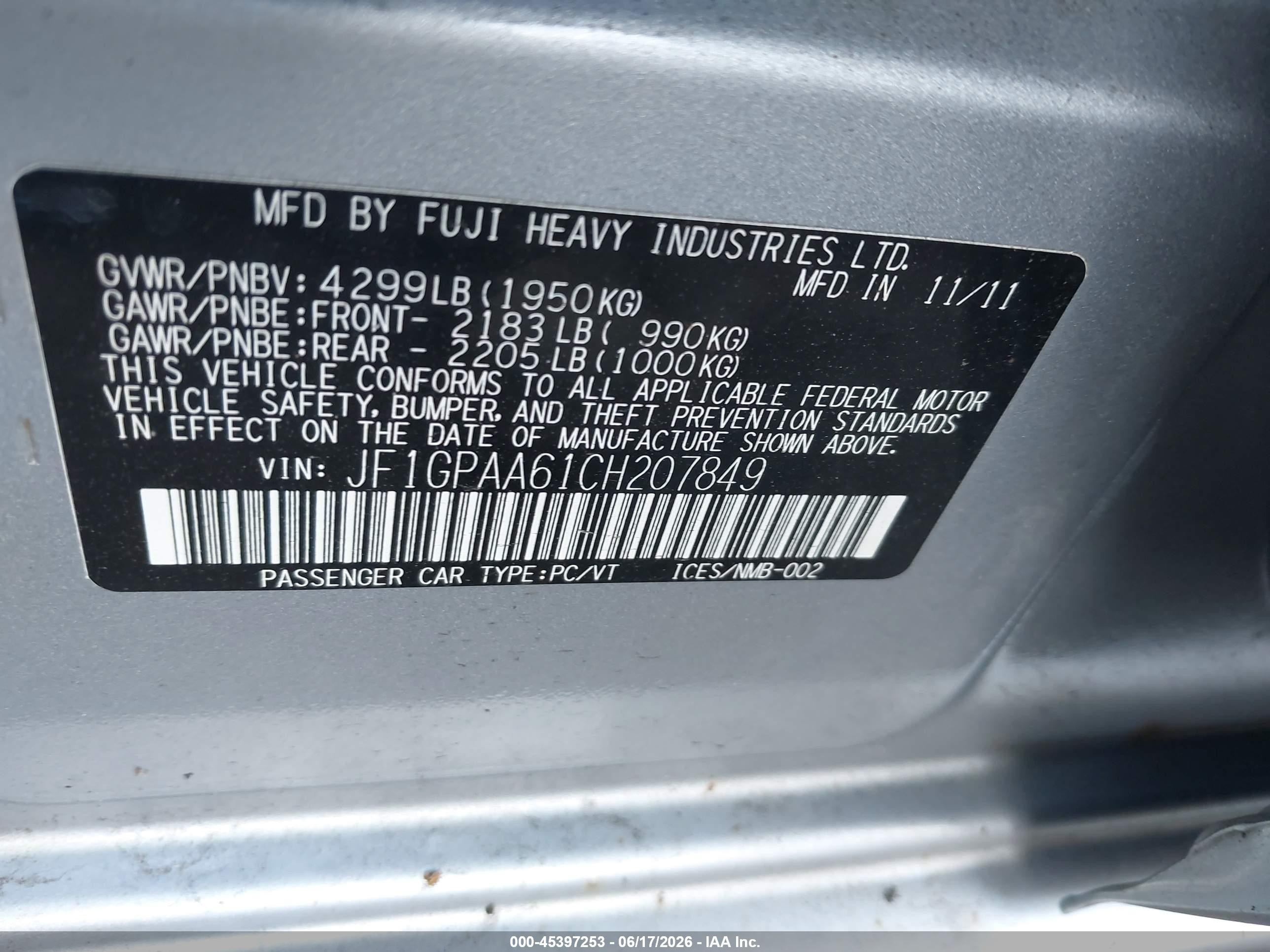 2012 Subaru Impreza 2.0i Gray vin: JF1GPAA61CH207849