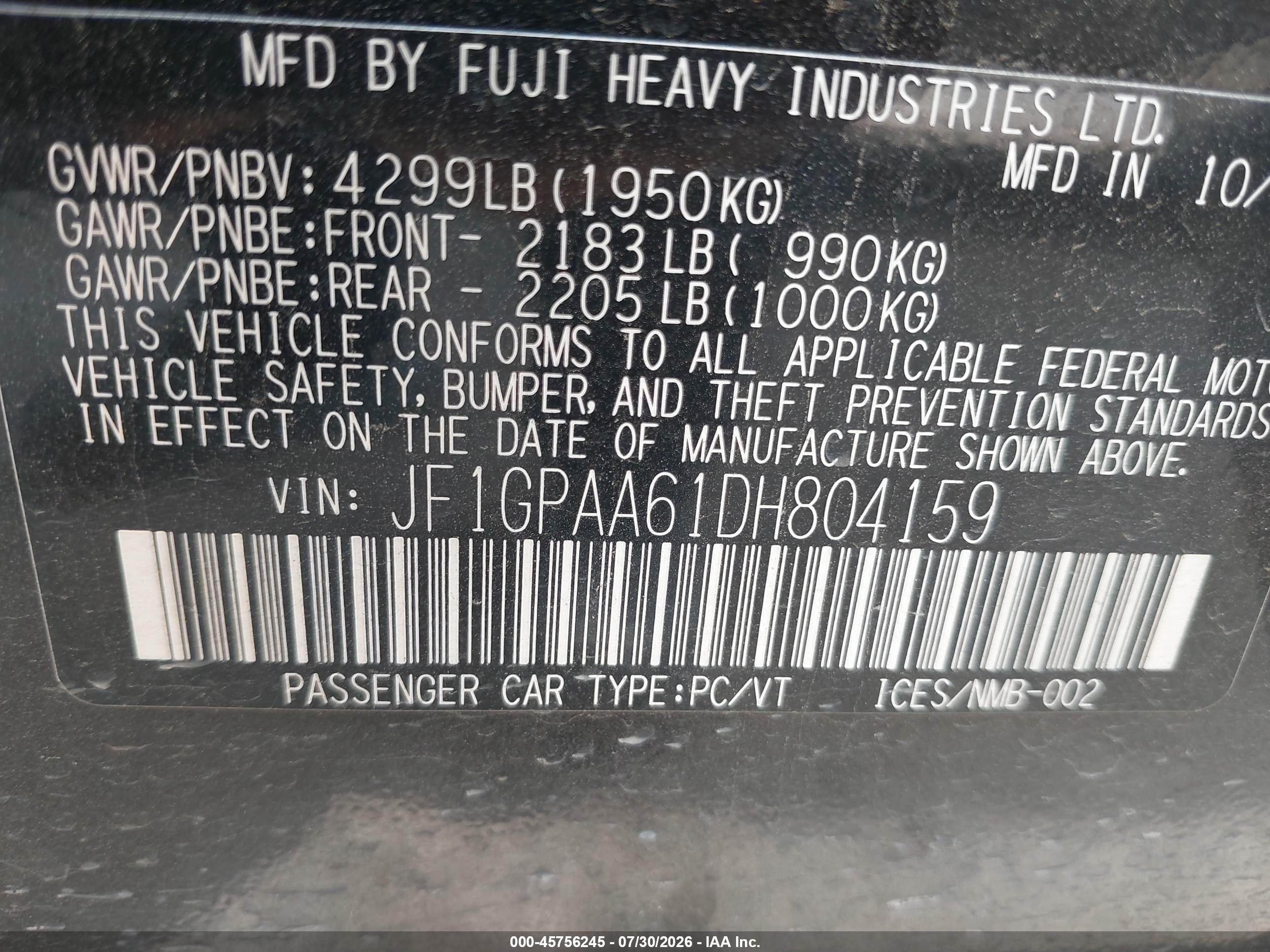 2013 Subaru Impreza 2.0i Black vin: JF1GPAA61DH804159