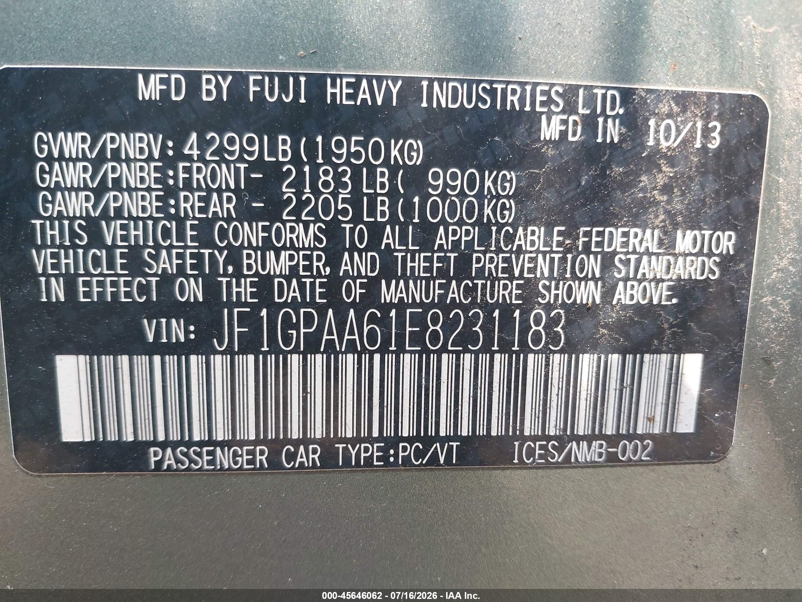 2014 Subaru Impreza 2.0i Turquoise vin: JF1GPAA61E8231183