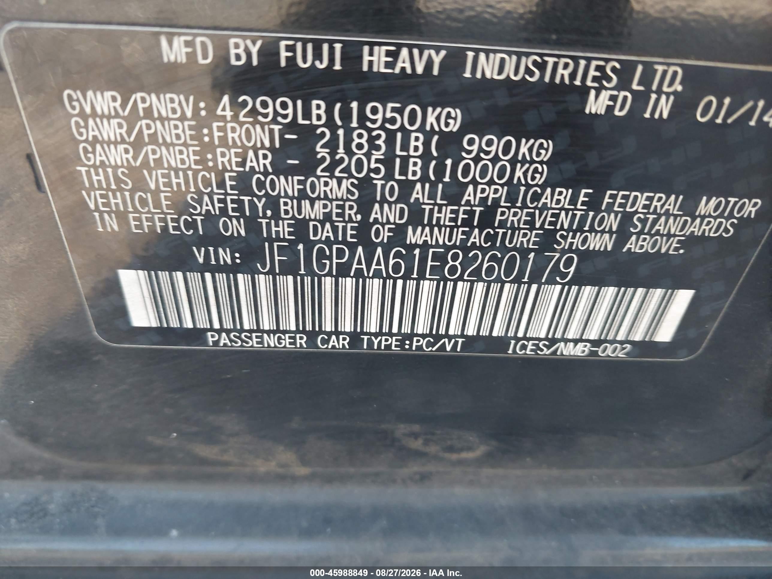 2014 Subaru Impreza 2.0i Black vin: JF1GPAA61E8260179