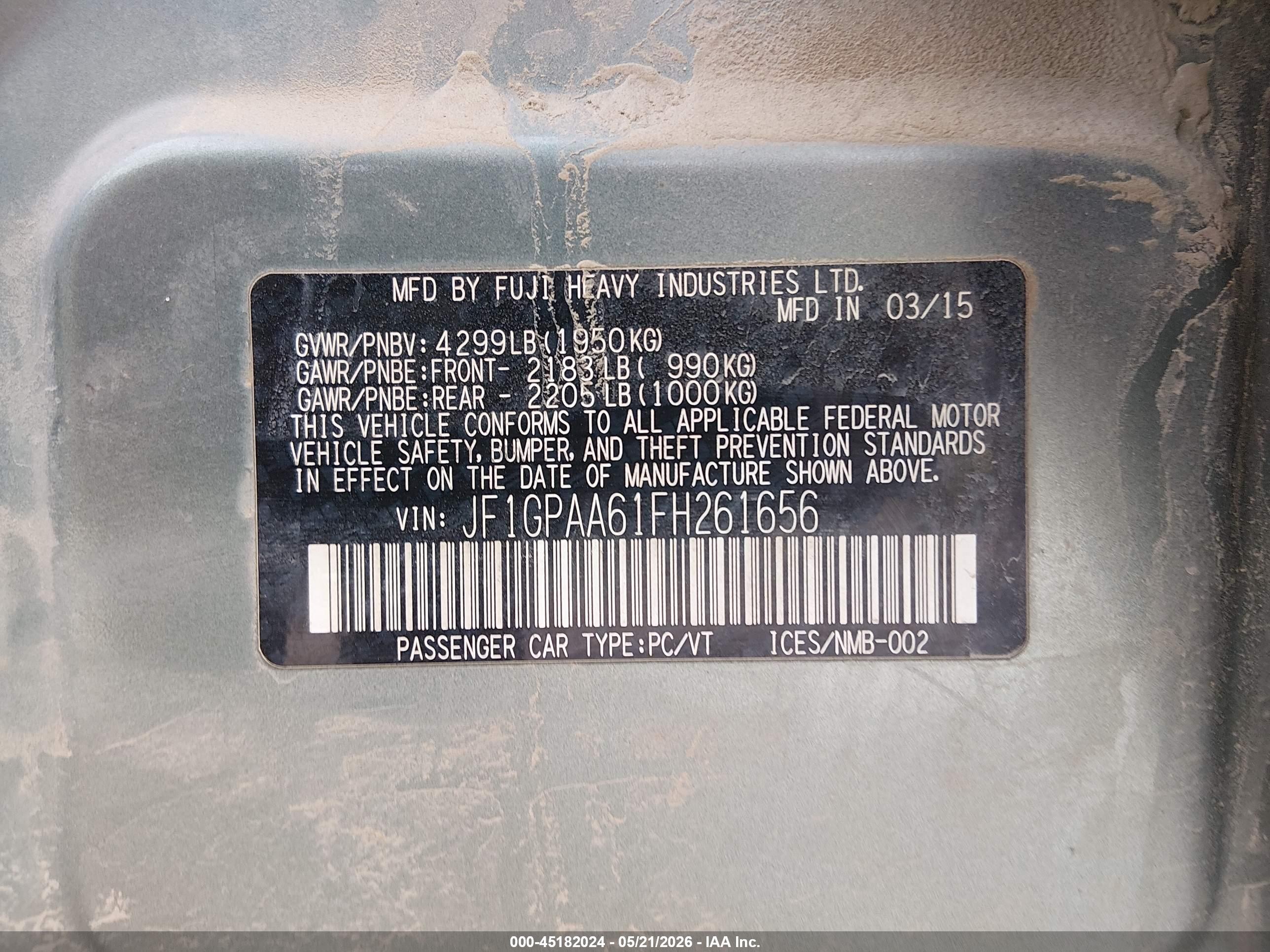 2015 Subaru Impreza 2.0i Green vin: JF1GPAA61FH261656