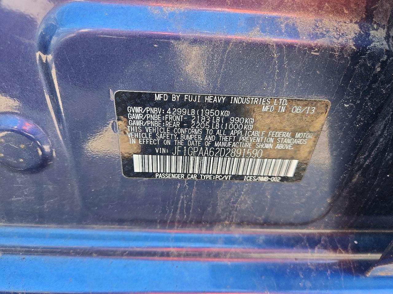 2013 Subaru Impreza Blue vin: JF1GPAA62D2891590
