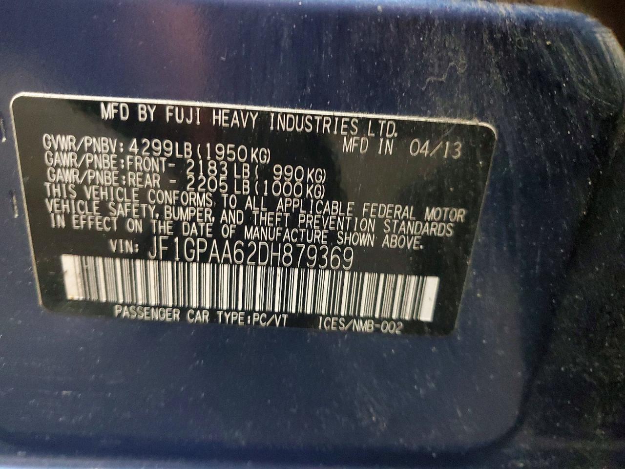 2013 Subaru Impreza Blue vin: JF1GPAA62DH879369