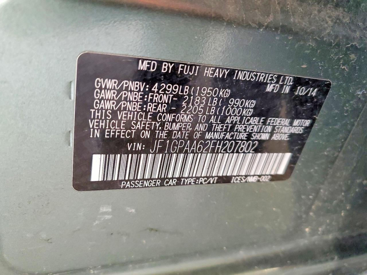 2015 Subaru Impreza Green vin: JF1GPAA62FH207802