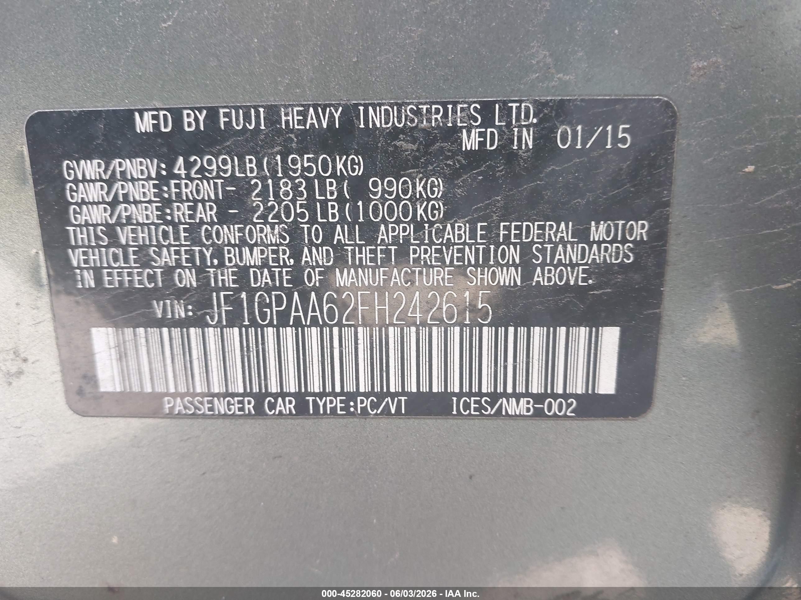 2015 Subaru Impreza 2.0i Green vin: JF1GPAA62FH242615