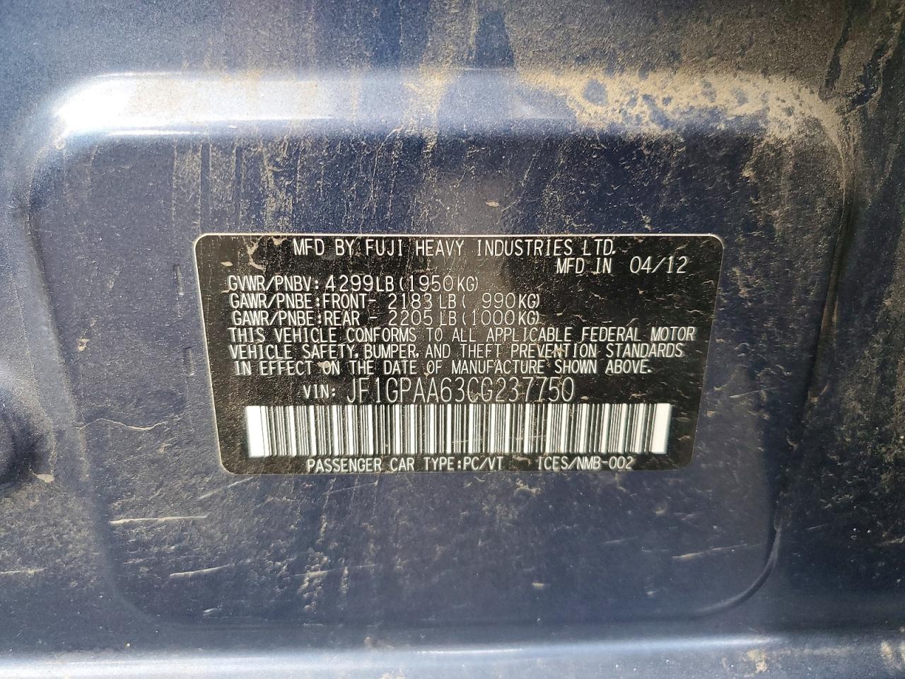 2012 Subaru Impreza Blue vin: JF1GPAA63CG237750
