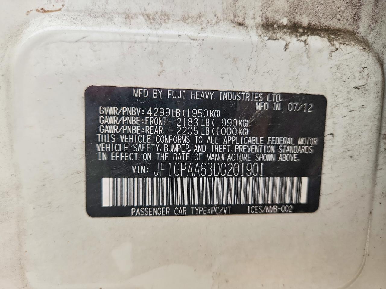 2013 Subaru Impreza White vin: JF1GPAA63DG201901