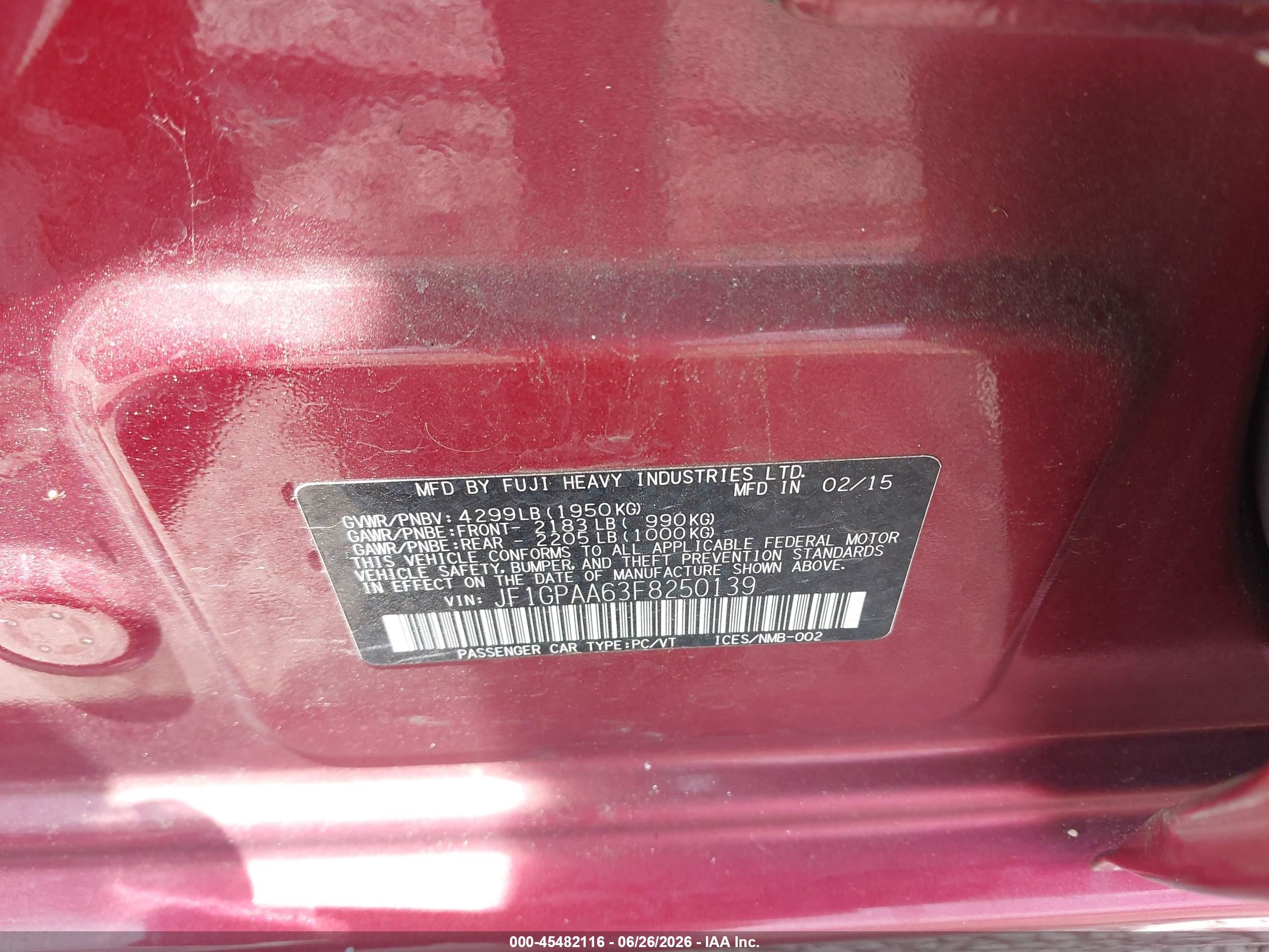 2015 Subaru Impreza 2.0i Red vin: JF1GPAA63F8250139