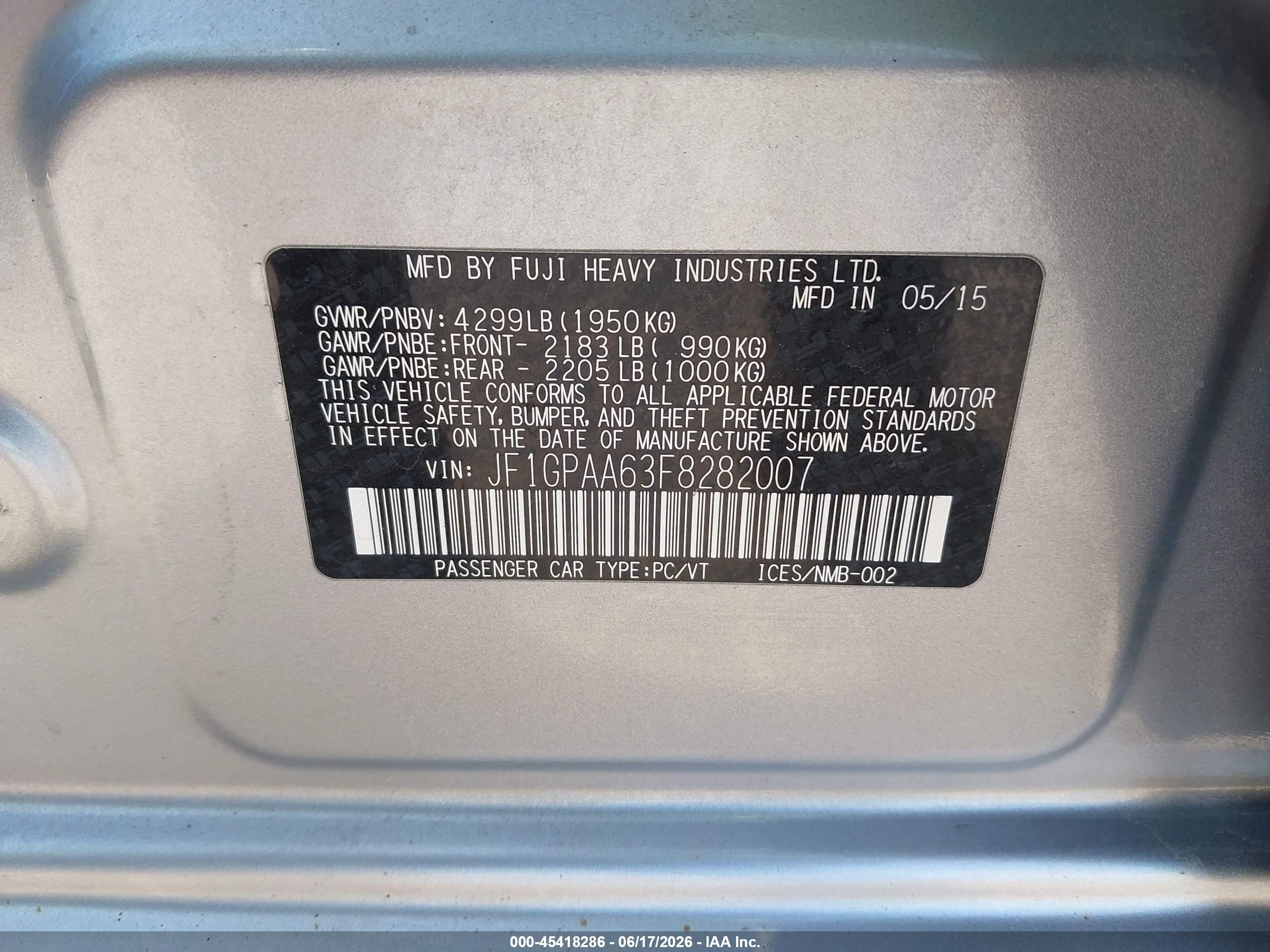 2015 Subaru Impreza 2.0i Серебряный vin: JF1GPAA63F8282007