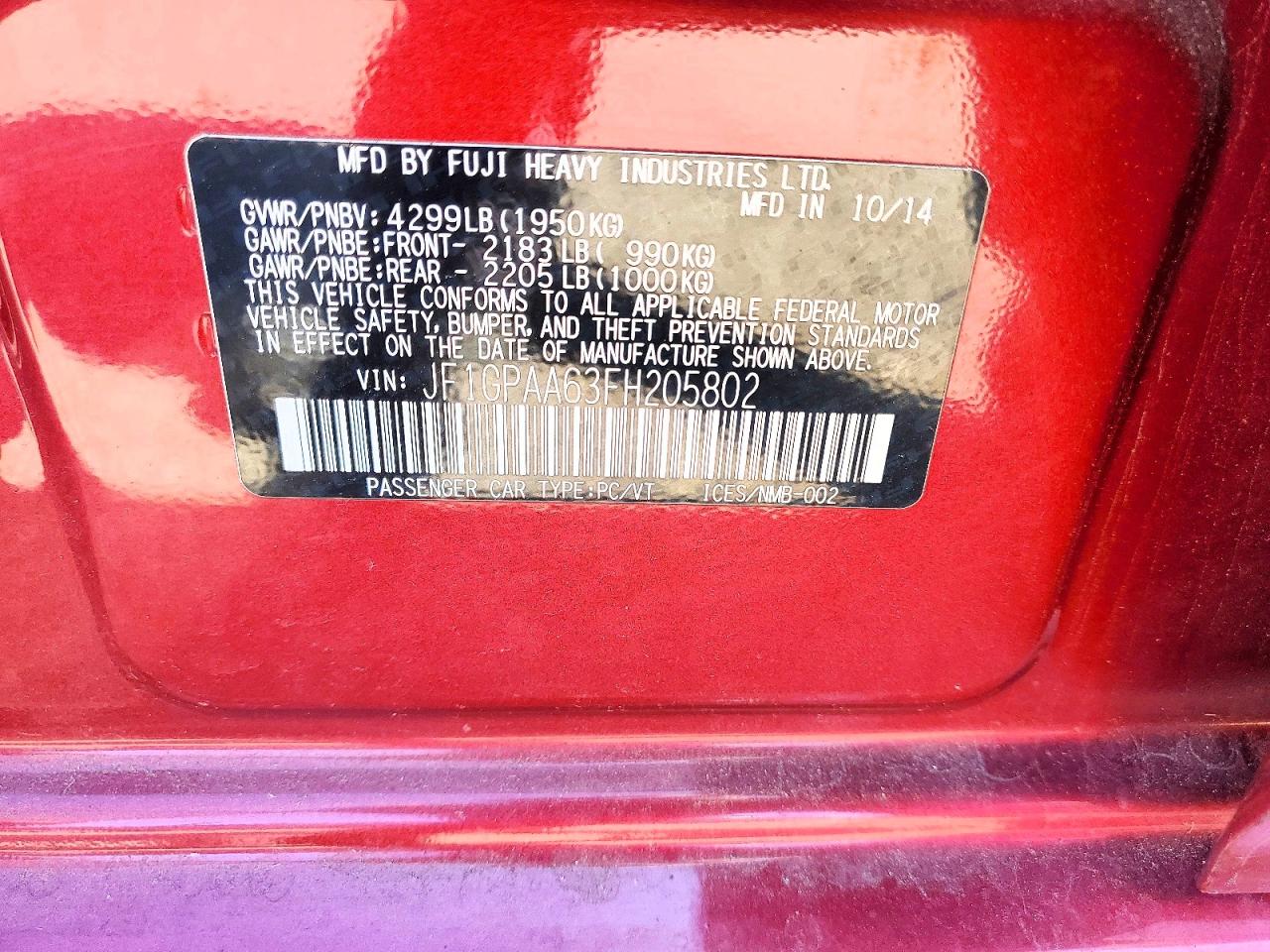 2015 Subaru Impreza Red vin: JF1GPAA63FH205802