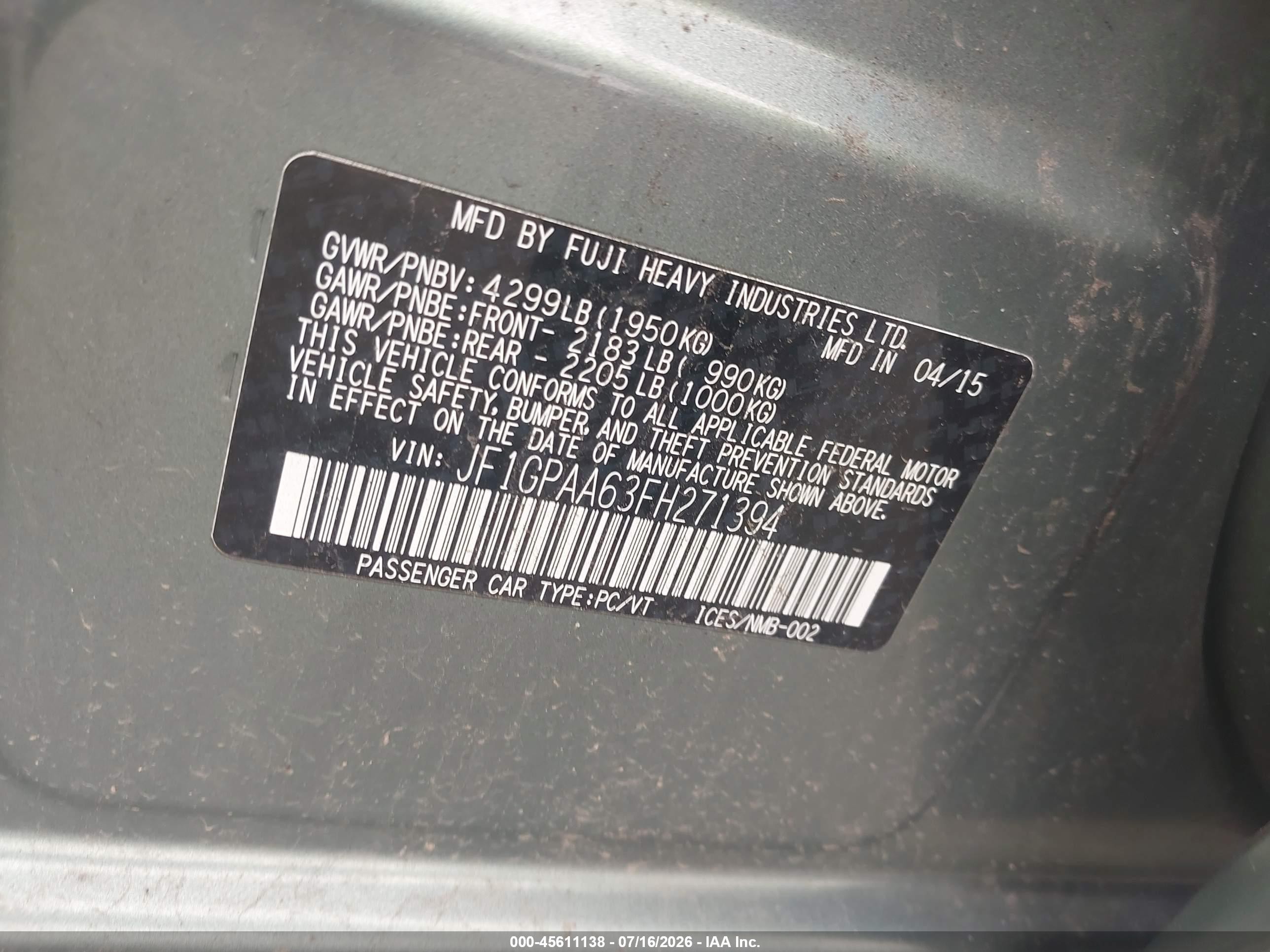 2015 Subaru Impreza 2.0i Green vin: JF1GPAA63FH271394
