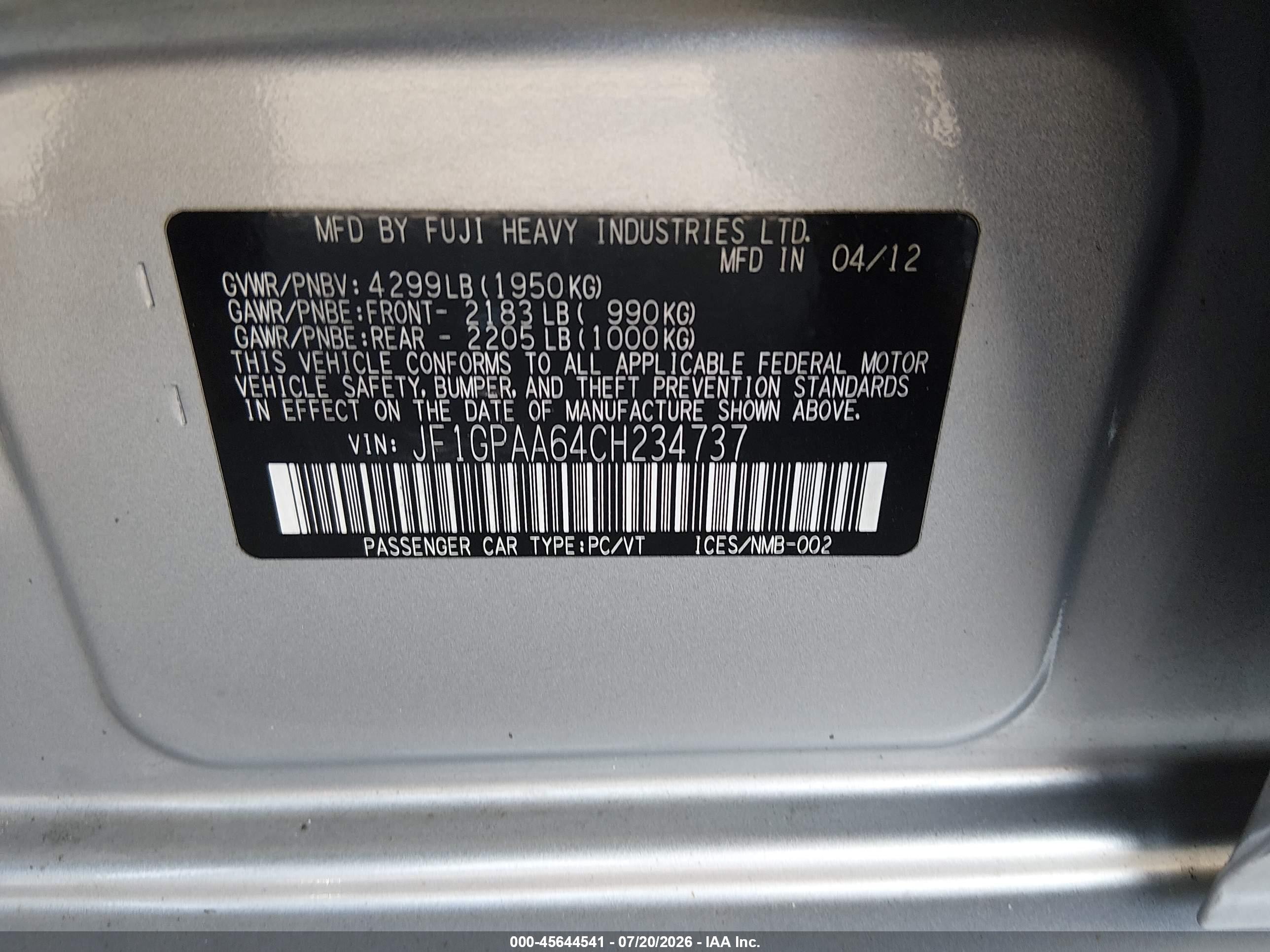 2012 Subaru Impreza 2.0i Silver vin: JF1GPAA64CH234737