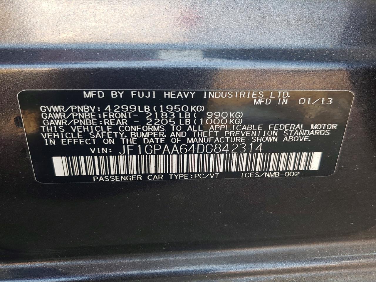 2013 Subaru Impreza Black vin: JF1GPAA64DG842314