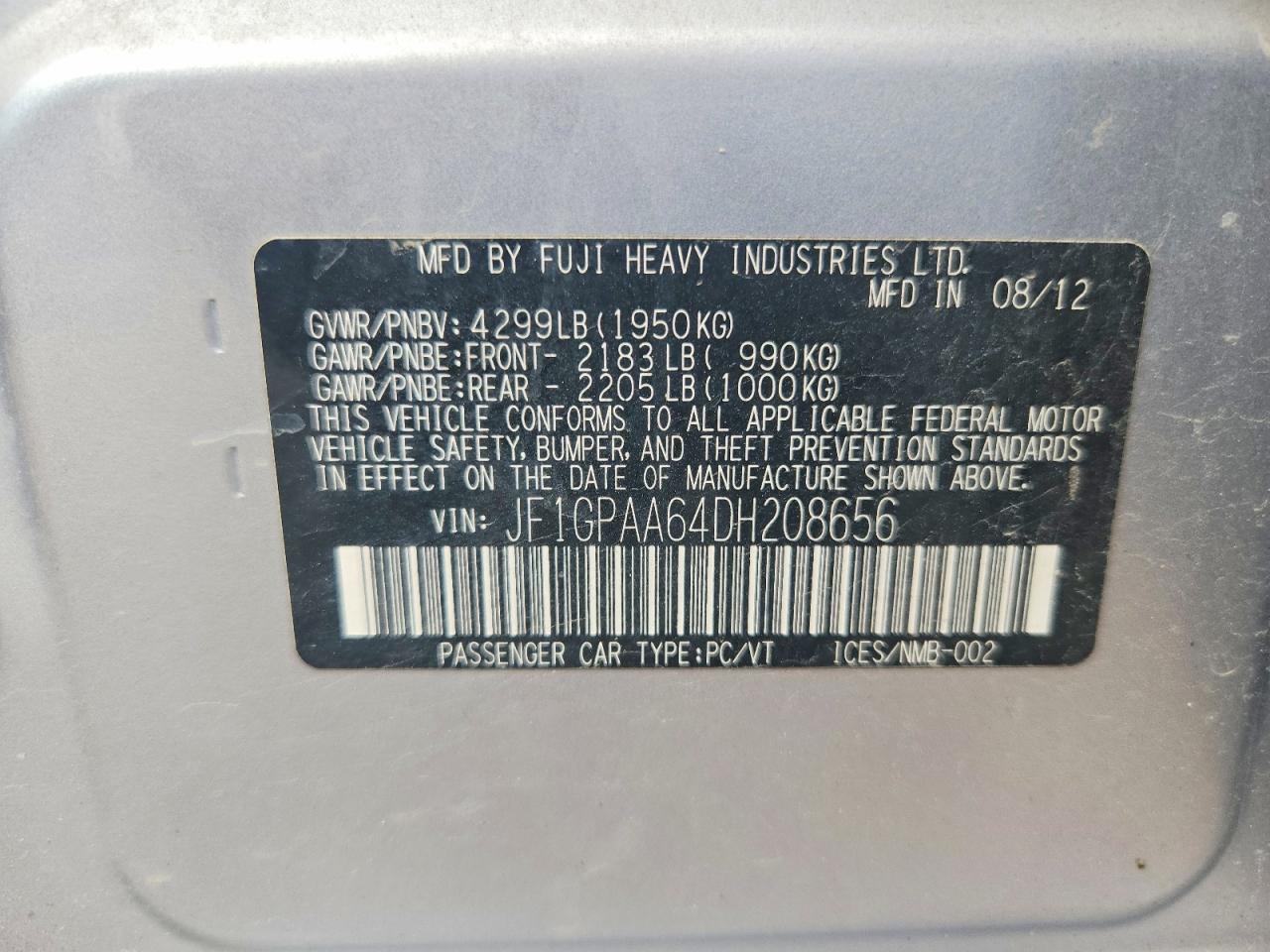 2013 Subaru Impreza Silver vin: JF1GPAA64DH208656