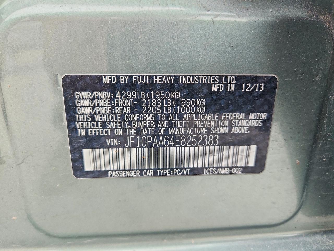 2014 Subaru Impreza Зеленый vin: JF1GPAA64E8252383