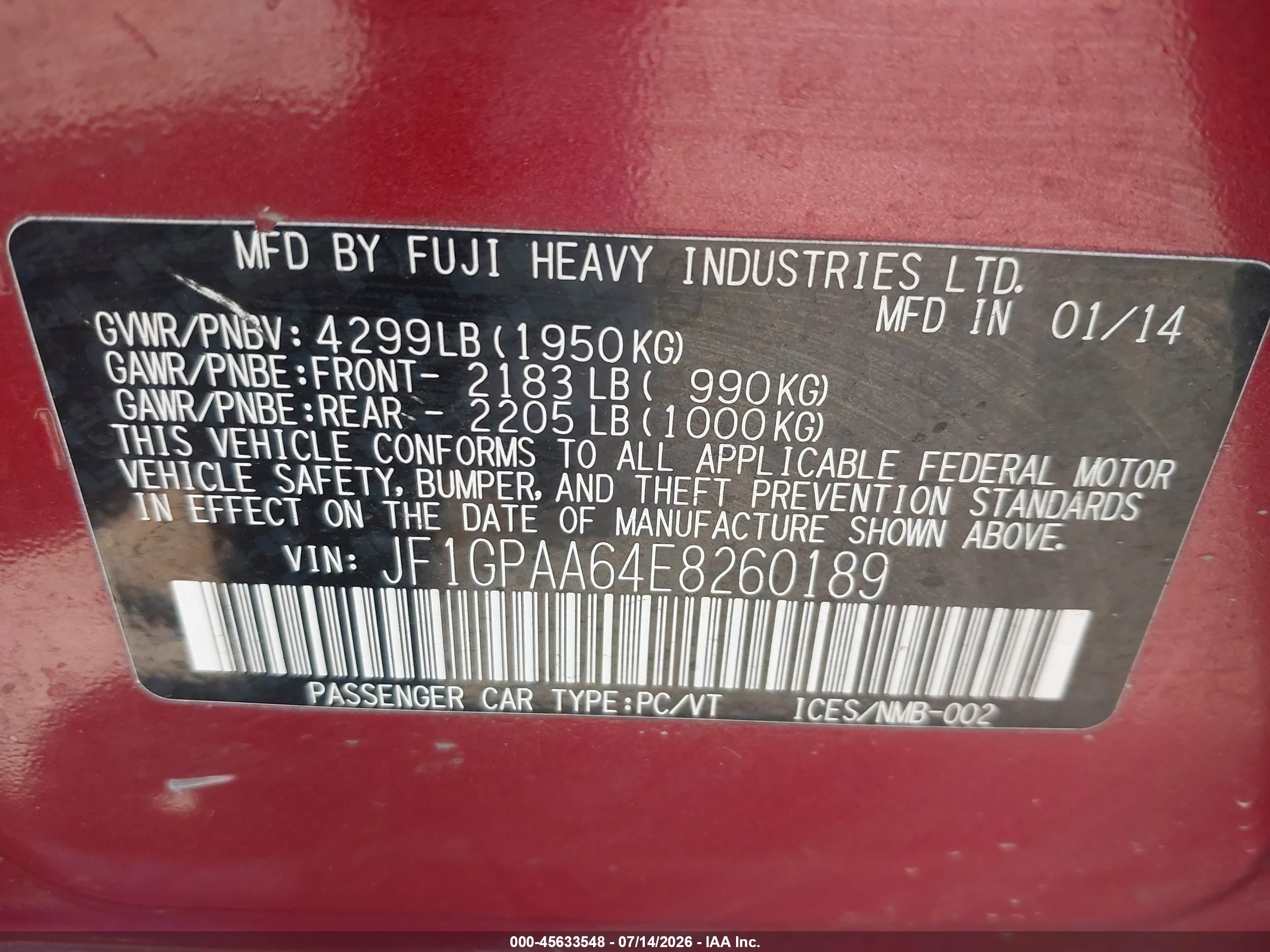 2014 Subaru Impreza 2.0i Red vin: JF1GPAA64E8260189