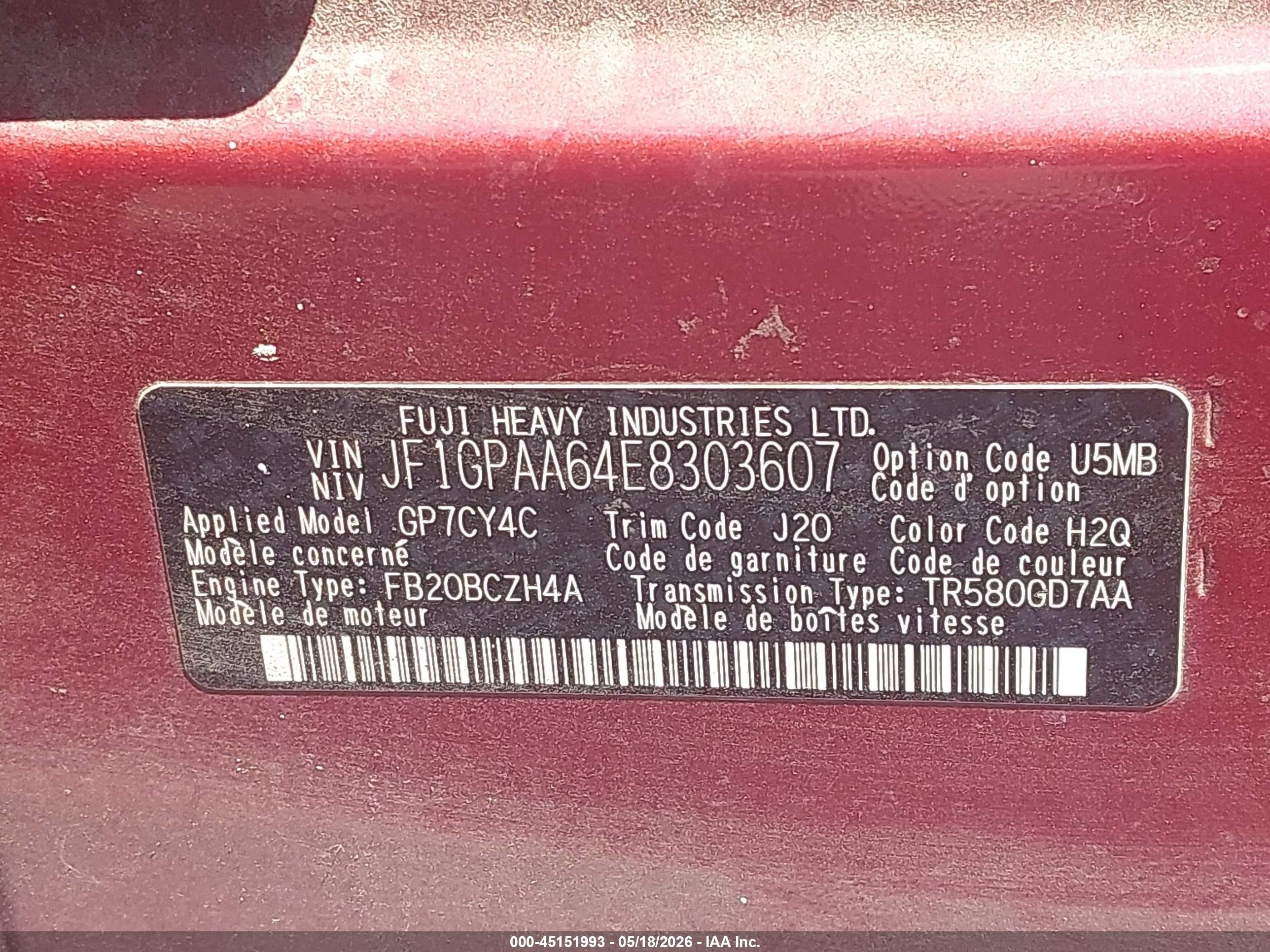 2014 Subaru Impreza 2.0i Red vin: JF1GPAA64E8303607