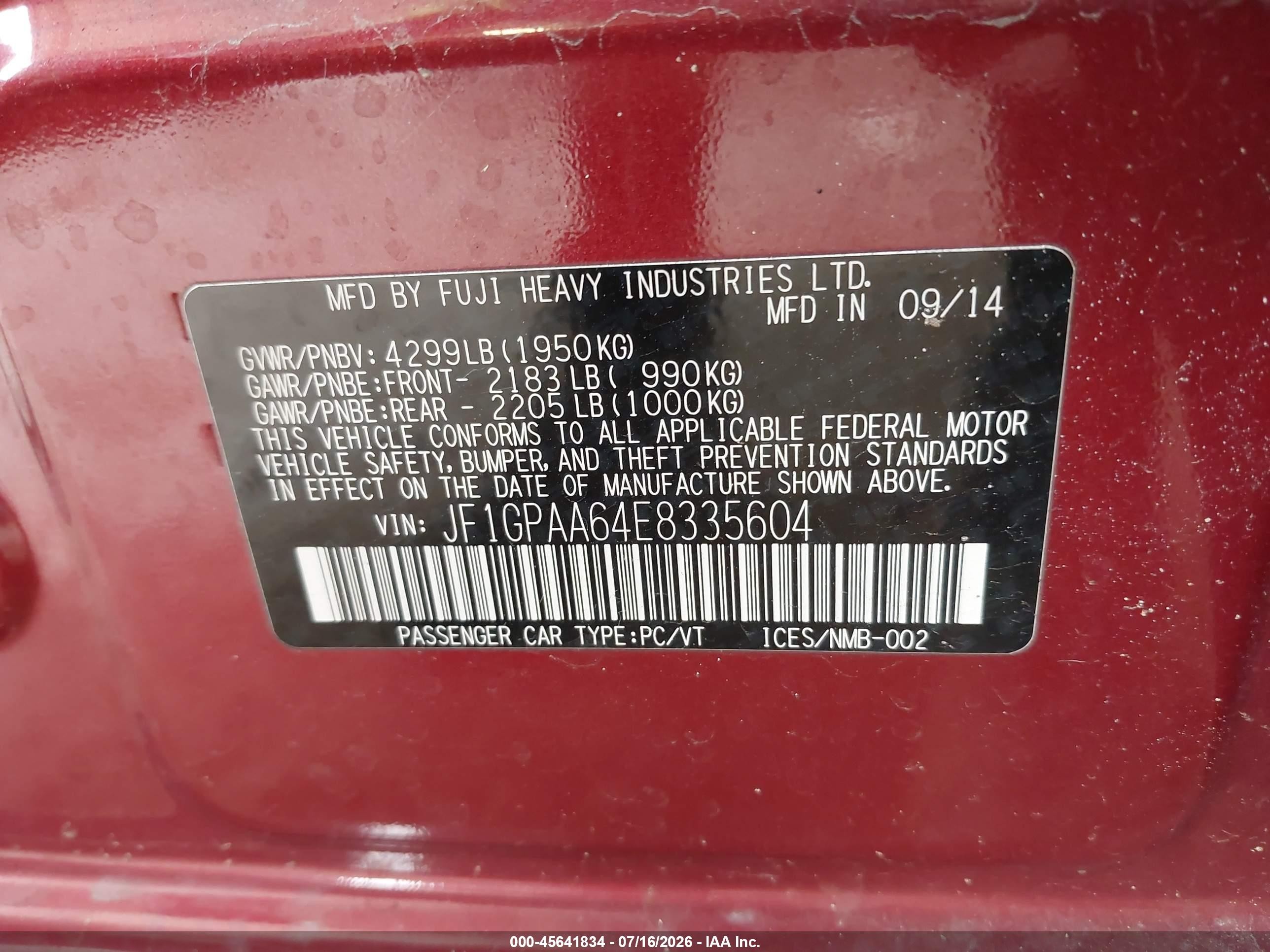 2014 Subaru Impreza 2.0i Red vin: JF1GPAA64E8335604