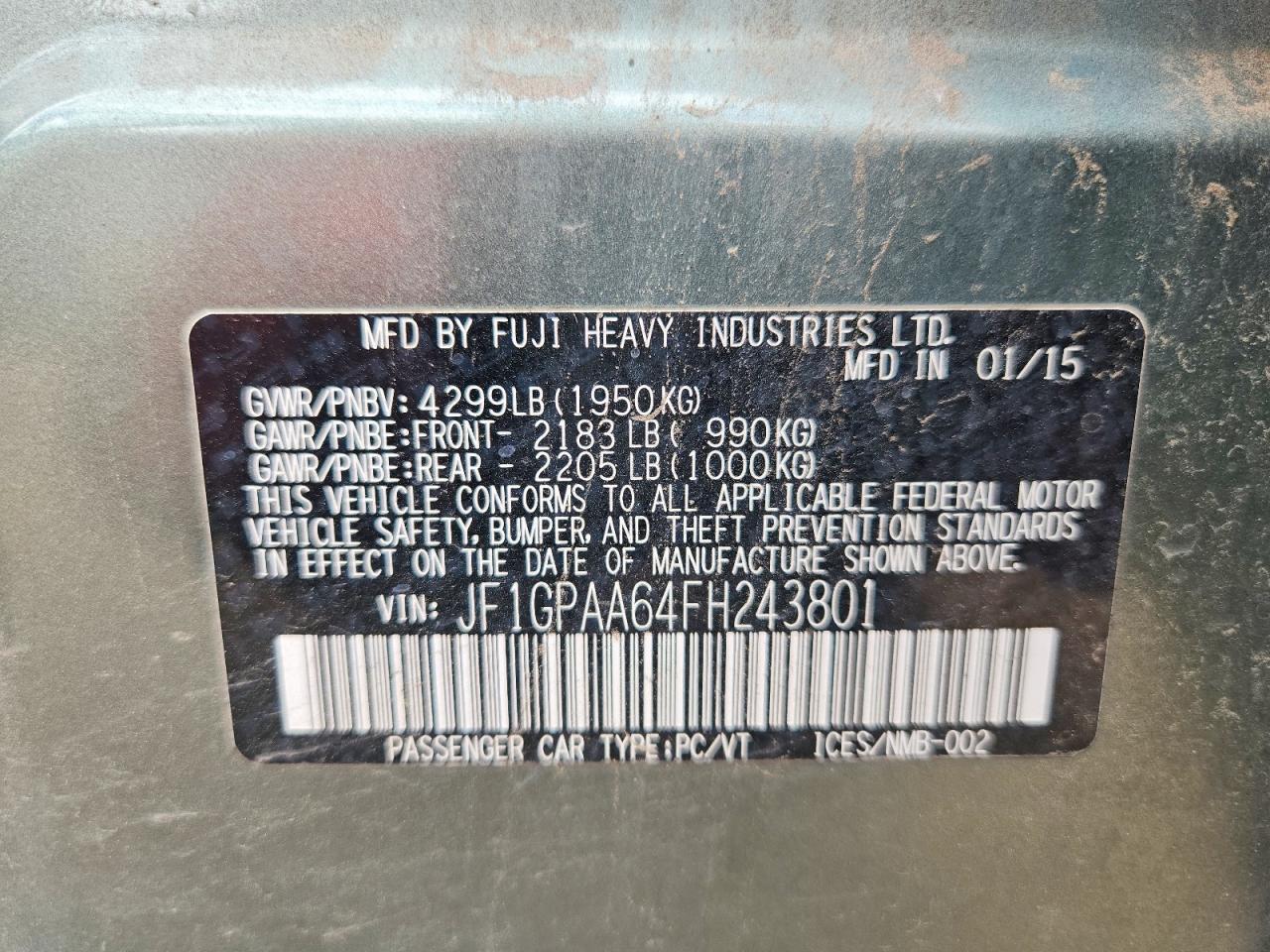 2015 Subaru Impreza Green vin: JF1GPAA64FH243801