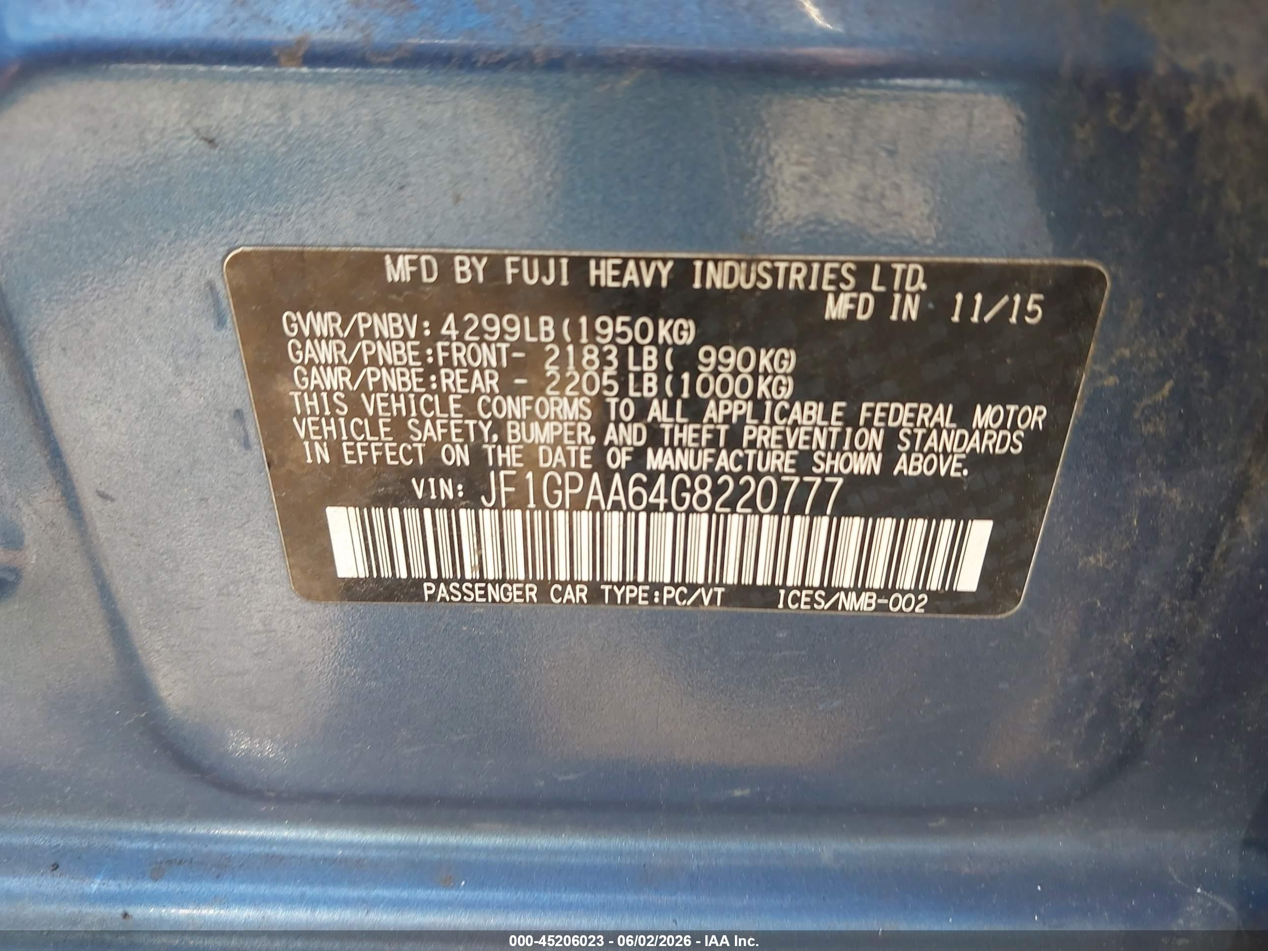 2016 Subaru Impreza 2.0i Blue vin: JF1GPAA64G8220777