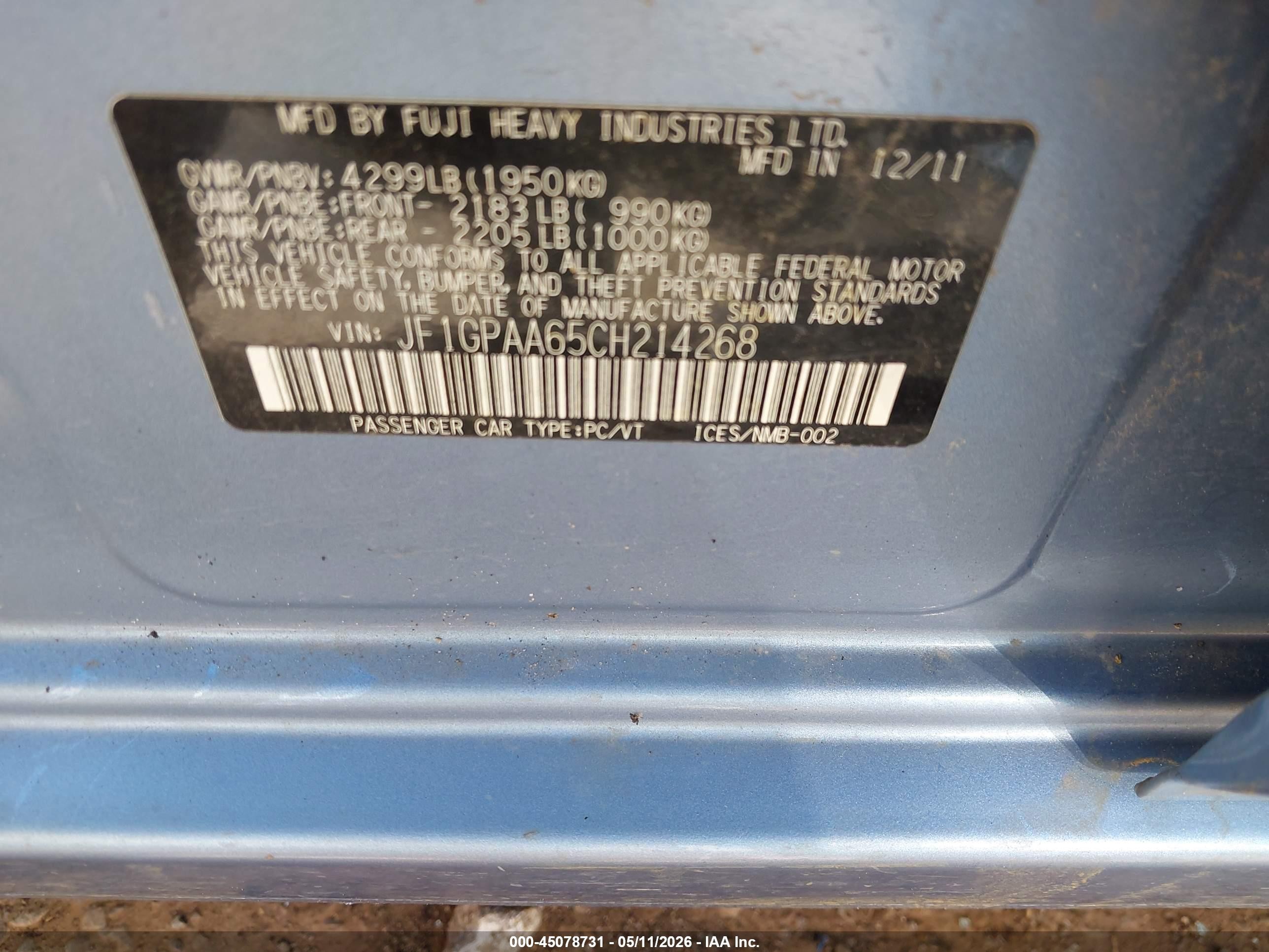 2012 Subaru Impreza 2.0i Синий vin: JF1GPAA65CH214268