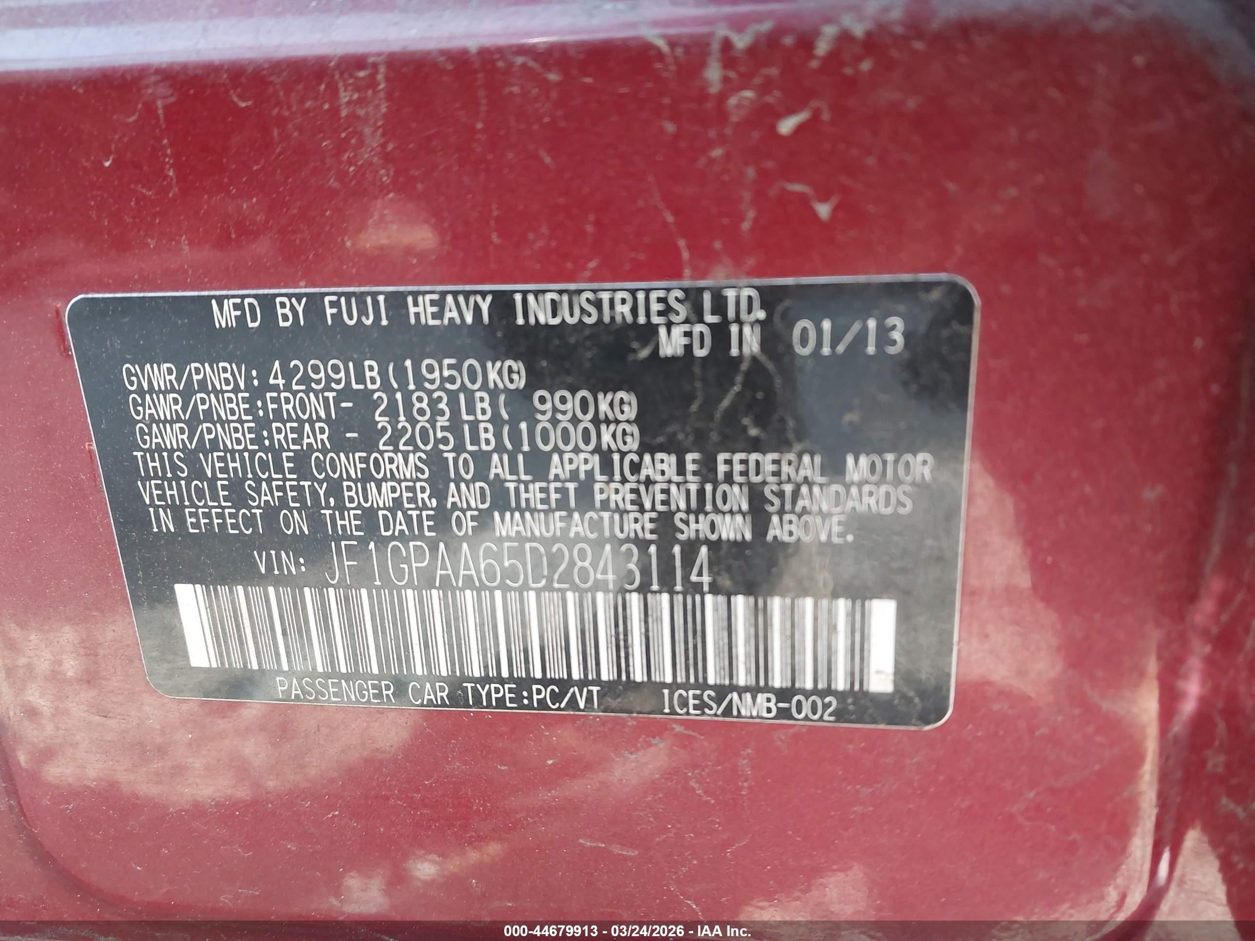 2013 Subaru Impreza Wagon 2.0i Red vin: JF1GPAA65D2843114