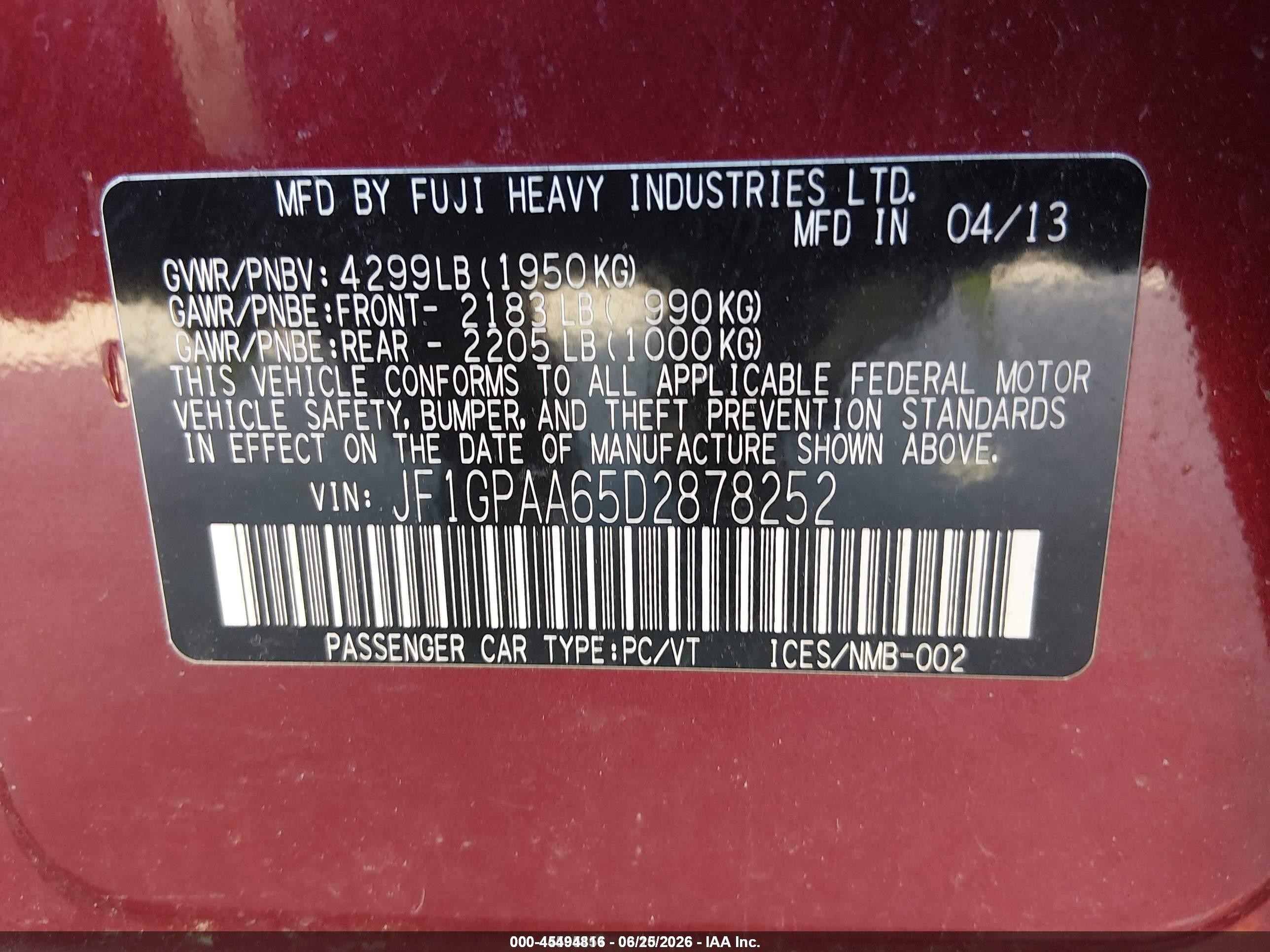 2013 Subaru Impreza 2.0i Burgundy vin: JF1GPAA65D2878252