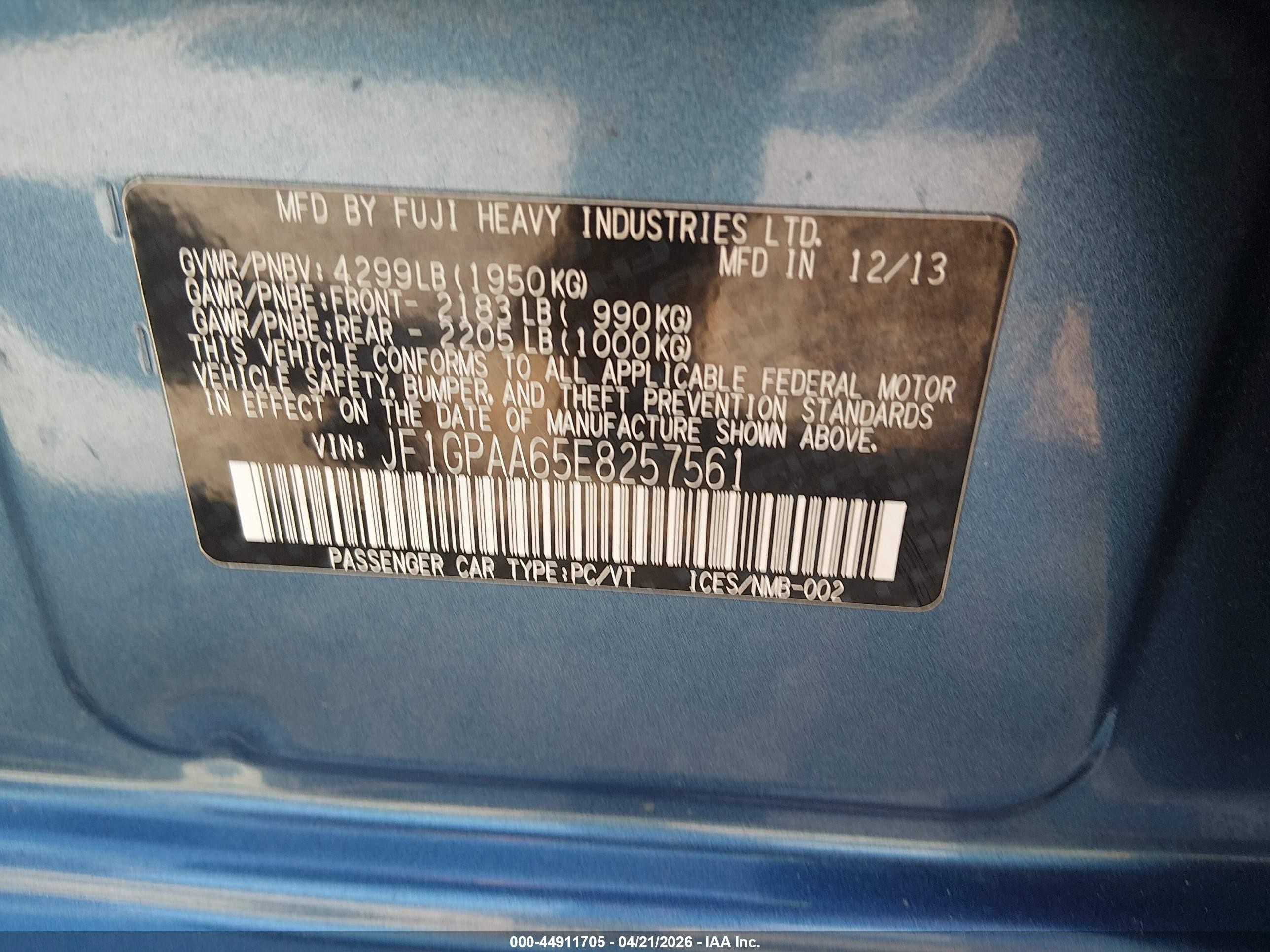 2014 Subaru Impreza 2.0i Blue vin: JF1GPAA65E8257561